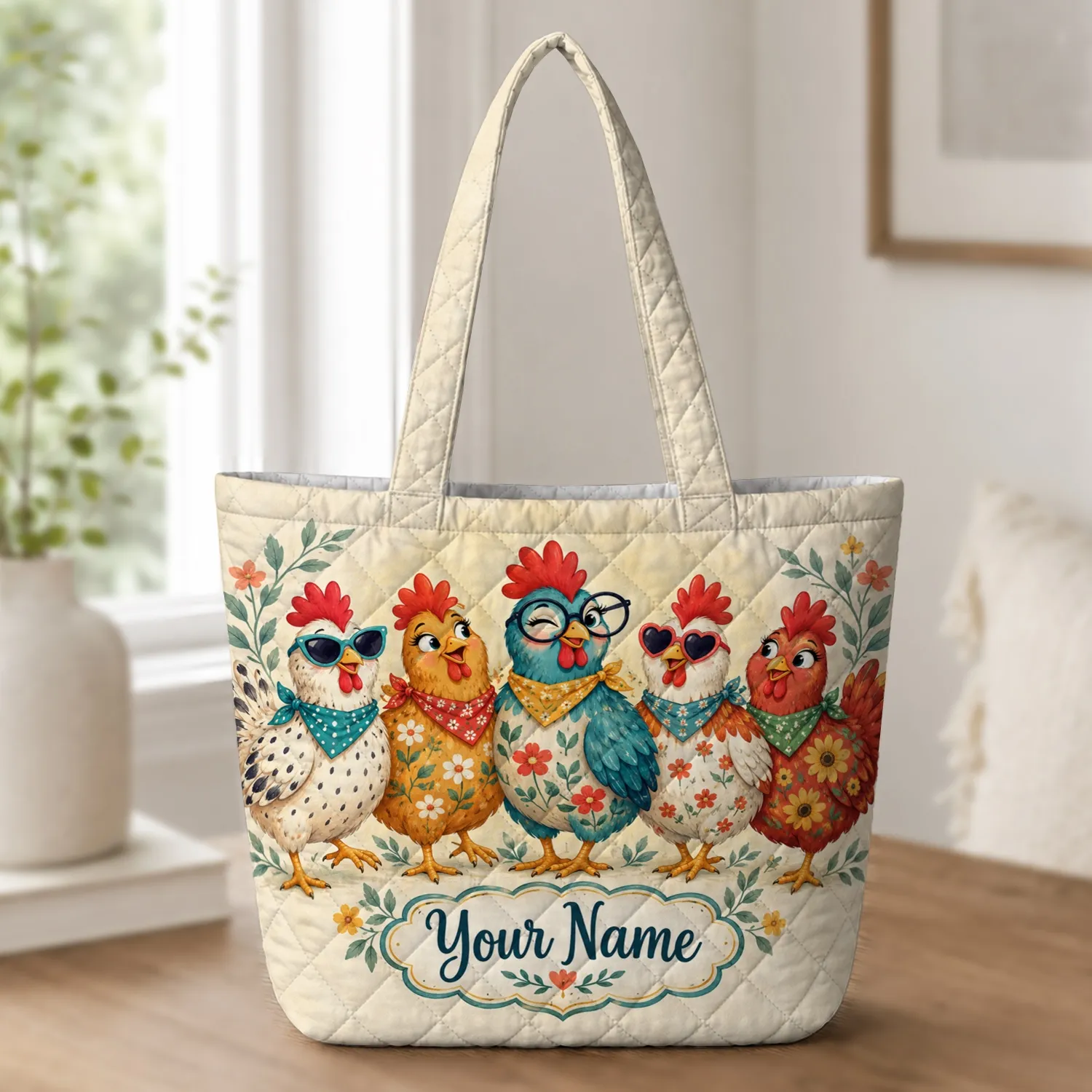 Colorful Floral Hens for Farmhouse Errands and Chicken Lover Gifts for Her and Friends Quilted Tote Bag - 1