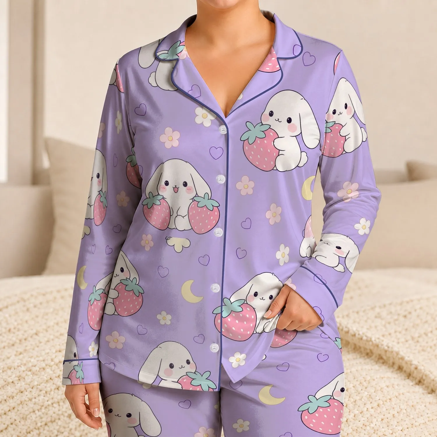 Kawaii Bunny Strawberry Pastel Lavender Cozy Gift for Relaxed Evenings at Home Women Satin Pajamas Set - 1