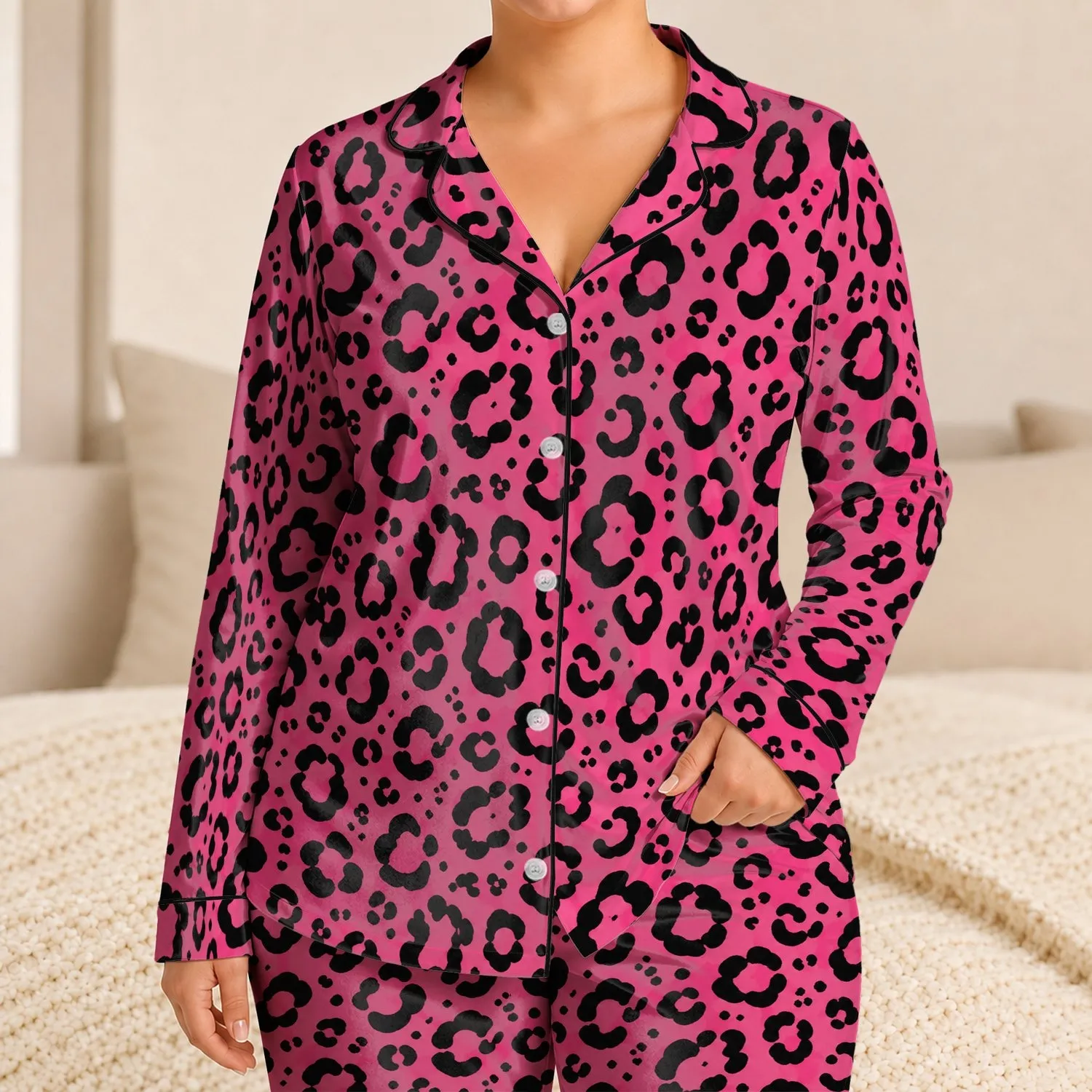 Hot Pink Leopard Motif Glam Night Look For Vacations, Festivals, And Gifts For Women Satin Pajamas Set - 1