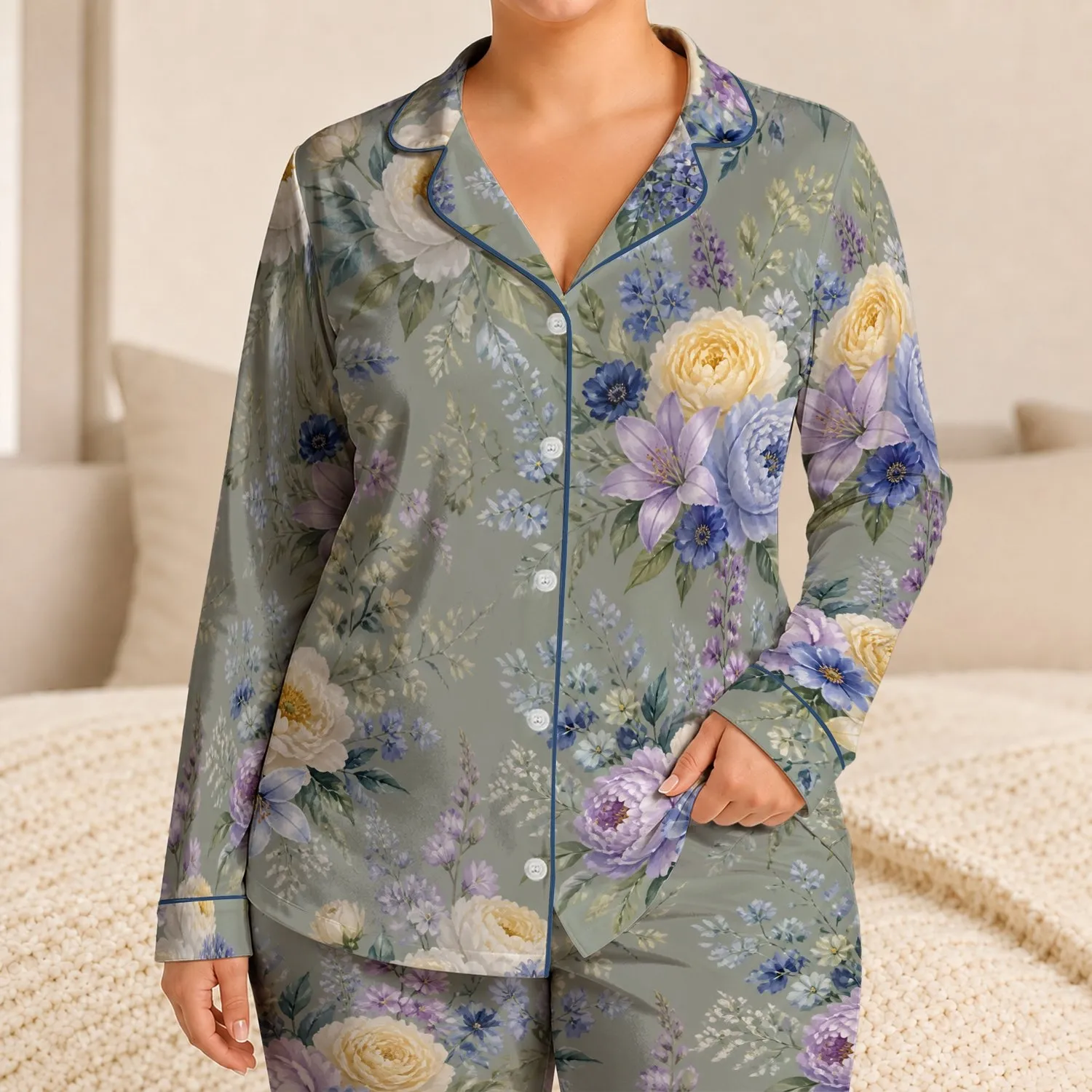 Misty Sage Floral Garden for Cozy Spring Nights, Relaxed At-Home Gifts For Her Satin Pajamas Set - 1