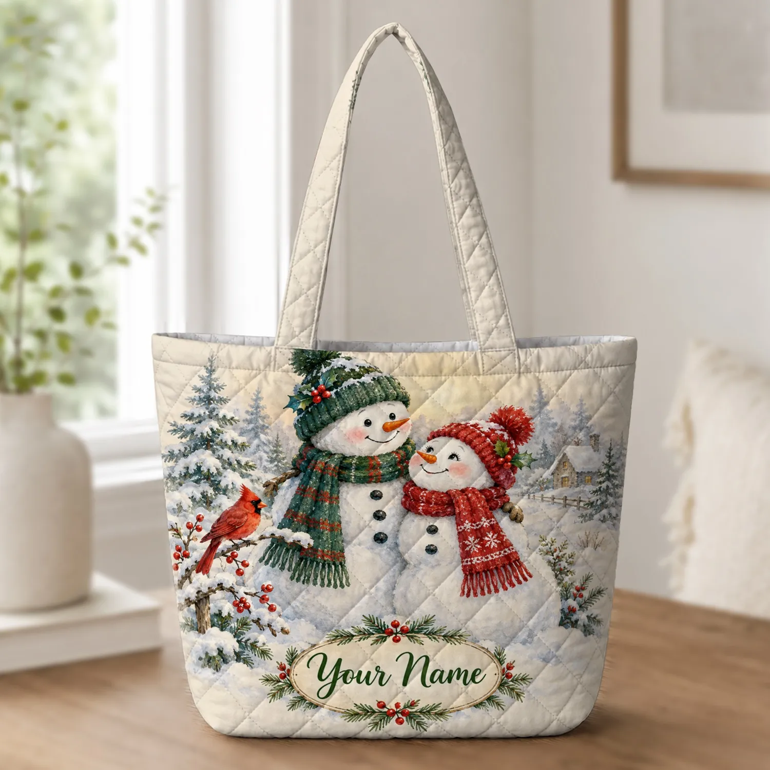 Snowman Couple and Red Cardinal for Cozy Christmas Winter Cheer Quilted Tote Bag - 1