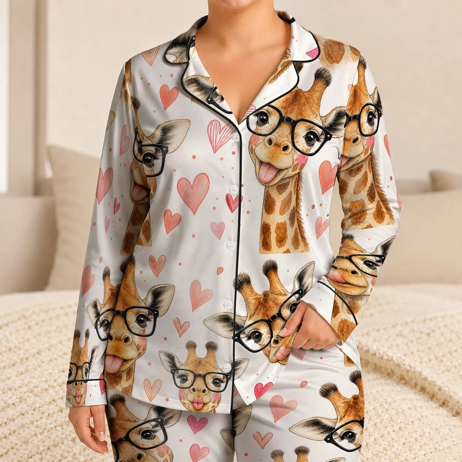 Boutique Cute Giraffe Glasses Heart Motif For Cozy Nights With Women And Teens Gift Satin Pajamas Set - 1