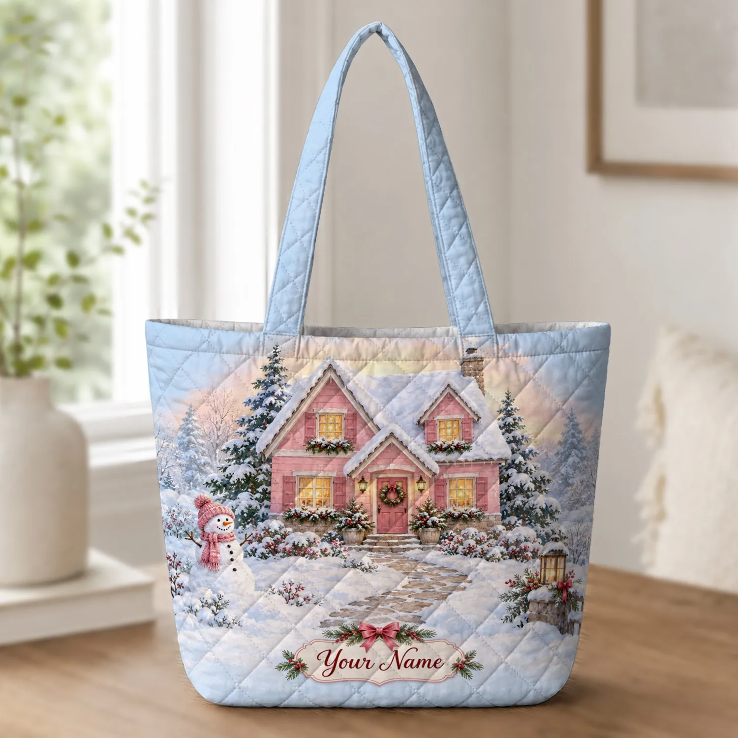 Pink Snowy Christmas Cottage Scene for Holiday Gifting and Cozy Winter Celebrations Quilted Tote Bag - 1
