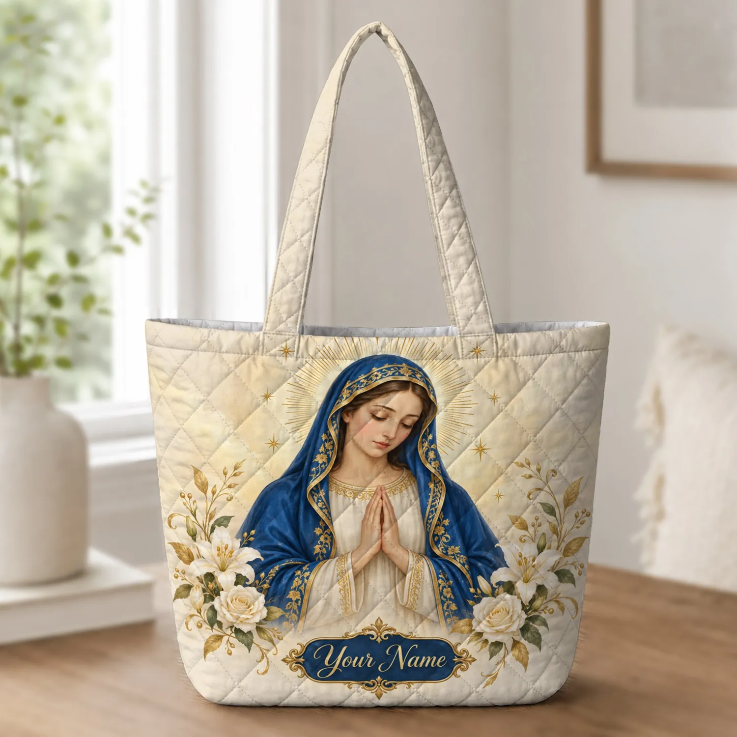 Virgin Mary Blue Gold Devotional Art for Prayer and Catholic Gifts Quilted Tote Bag - 1