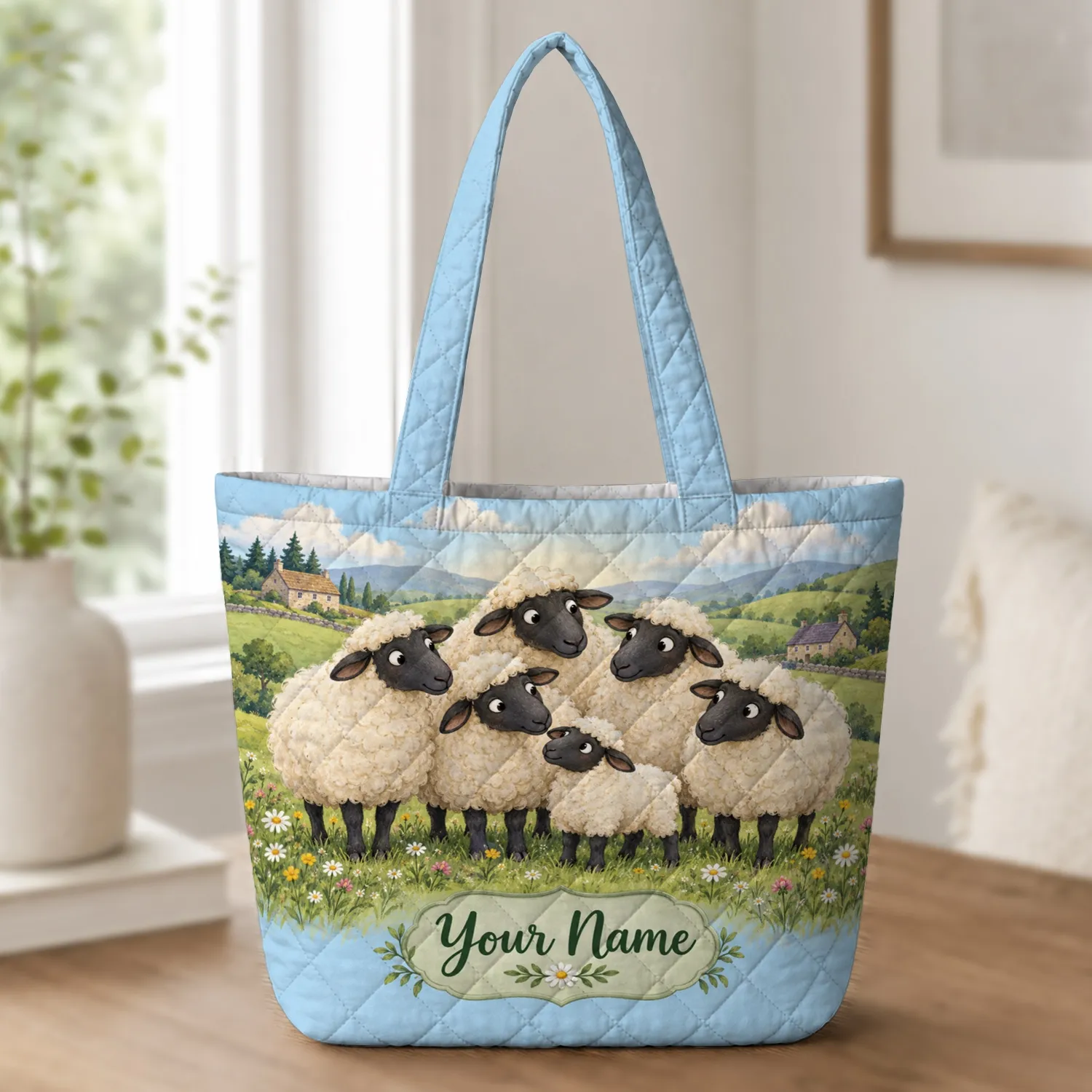 Sheep Family in a Wildflower Meadow for Cottagecore Country Living and Farm Lovers Quilted Tote Bag - 1