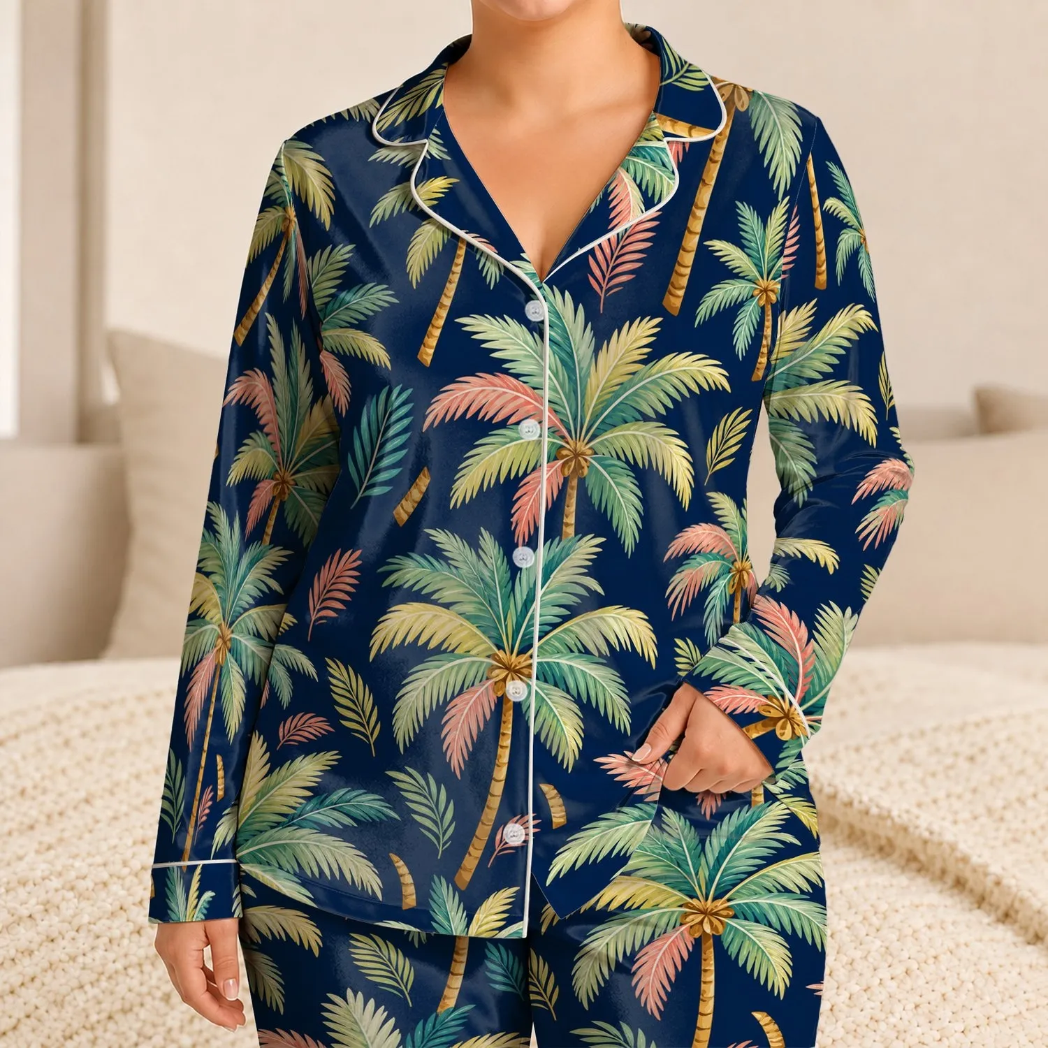 Navy Tropical Palm Leaf Resort Style For Women Beach Vacations And Relaxed Evenings Satin Pajamas Set - 1