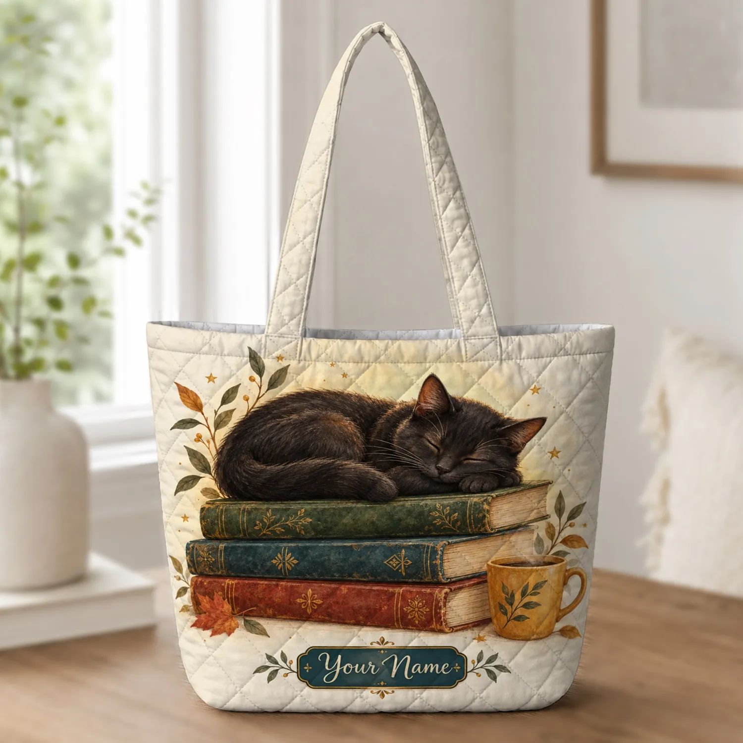 Sleeping Black Cat on Vintage Books for Cozy Reading and Book Lover Everyday Carry Gift Quilted Tote Bag - 1