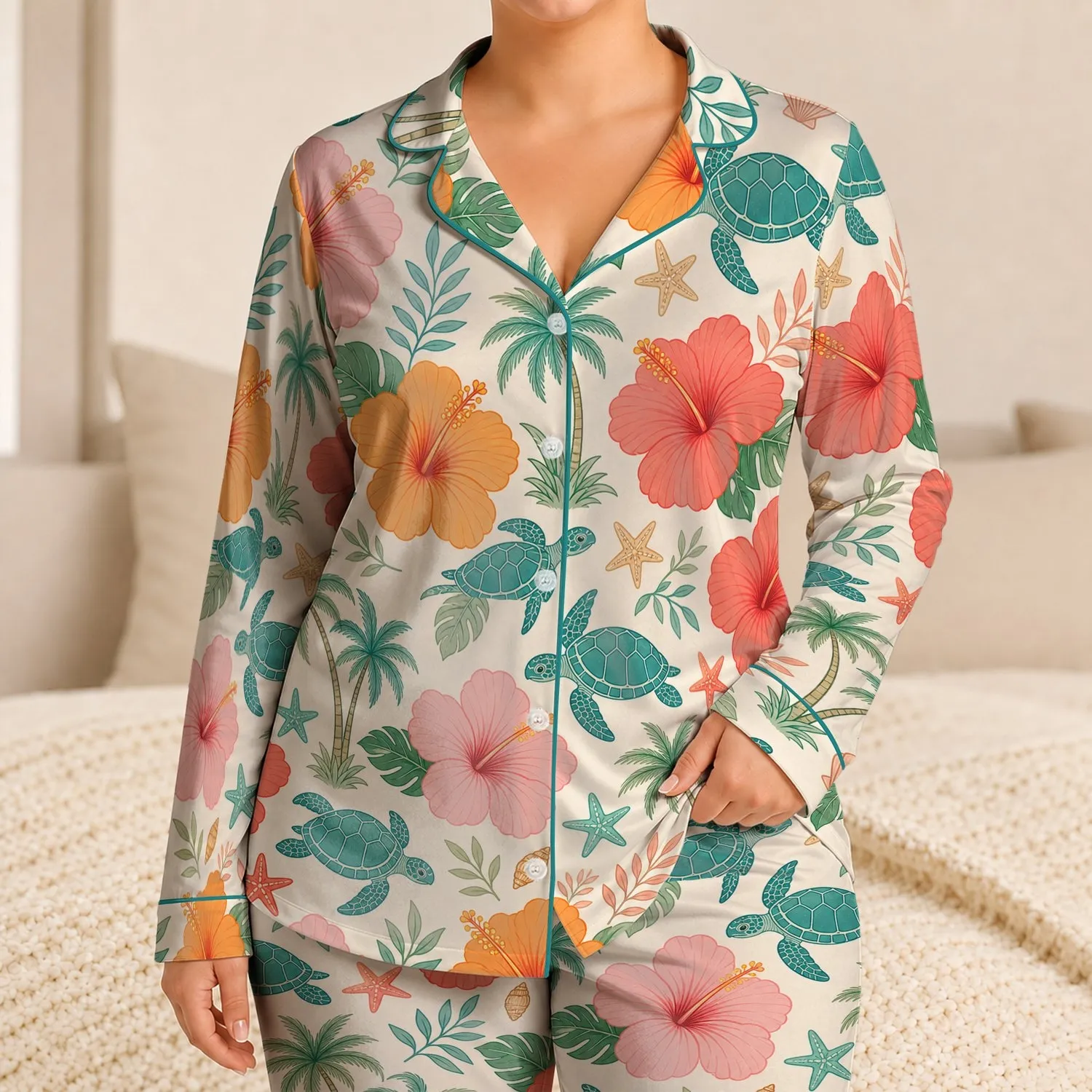 Tropical Hibiscus Sea Turtle Coastal Resort Getaway Ivory Vacation Style for Women Satin Pajamas Set - 1