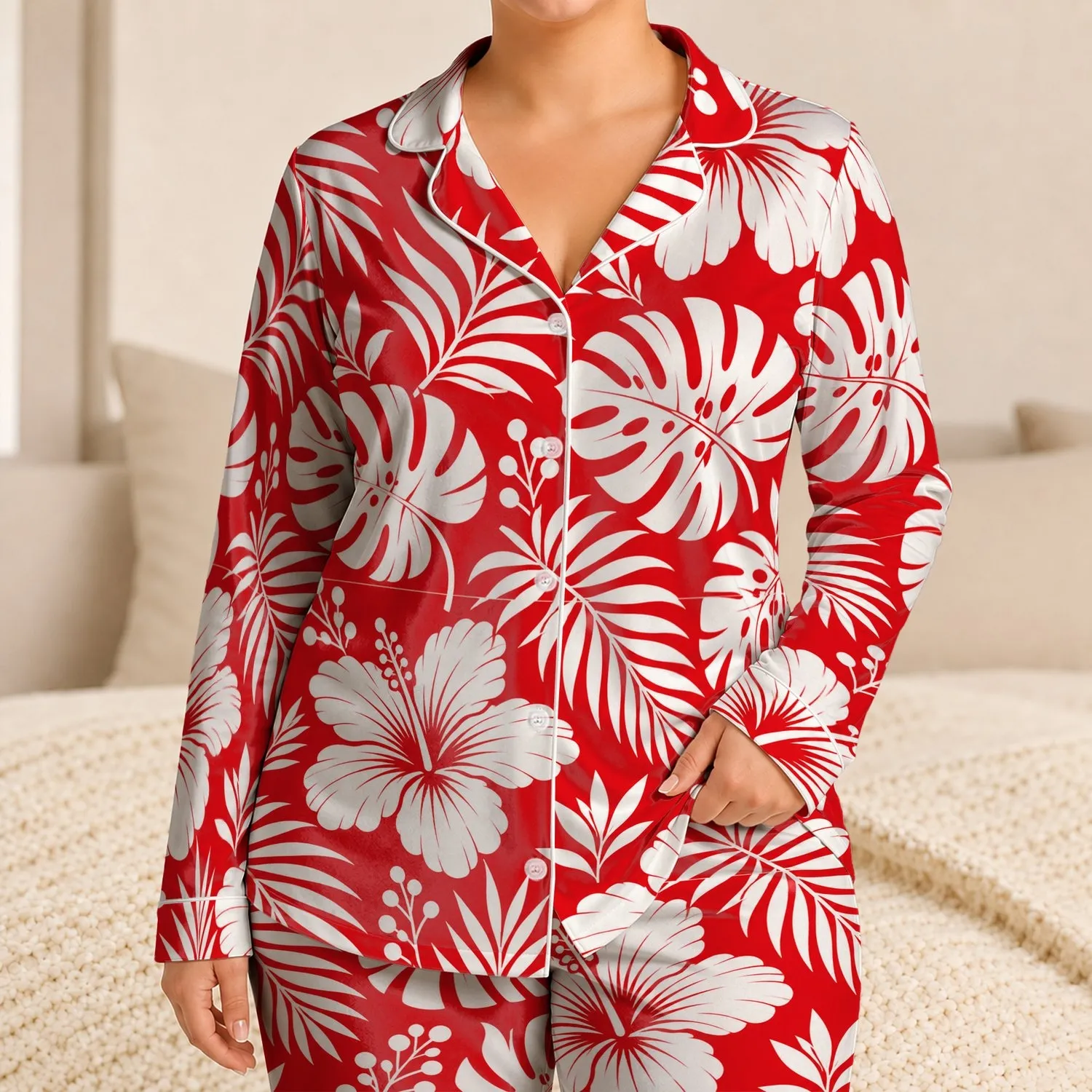 Red And White Hibiscus Tropical Botanical Resort Wear Holiday Gift For Women Vacation Satin Pajamas Set - 1
