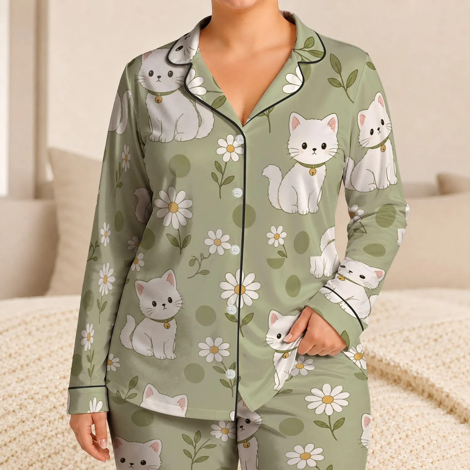 Matcha Sage Kawaii Cats and Daisies Cozy Loungewear Gift for Cat Lovers At Home Satin Pajamas Set - 1