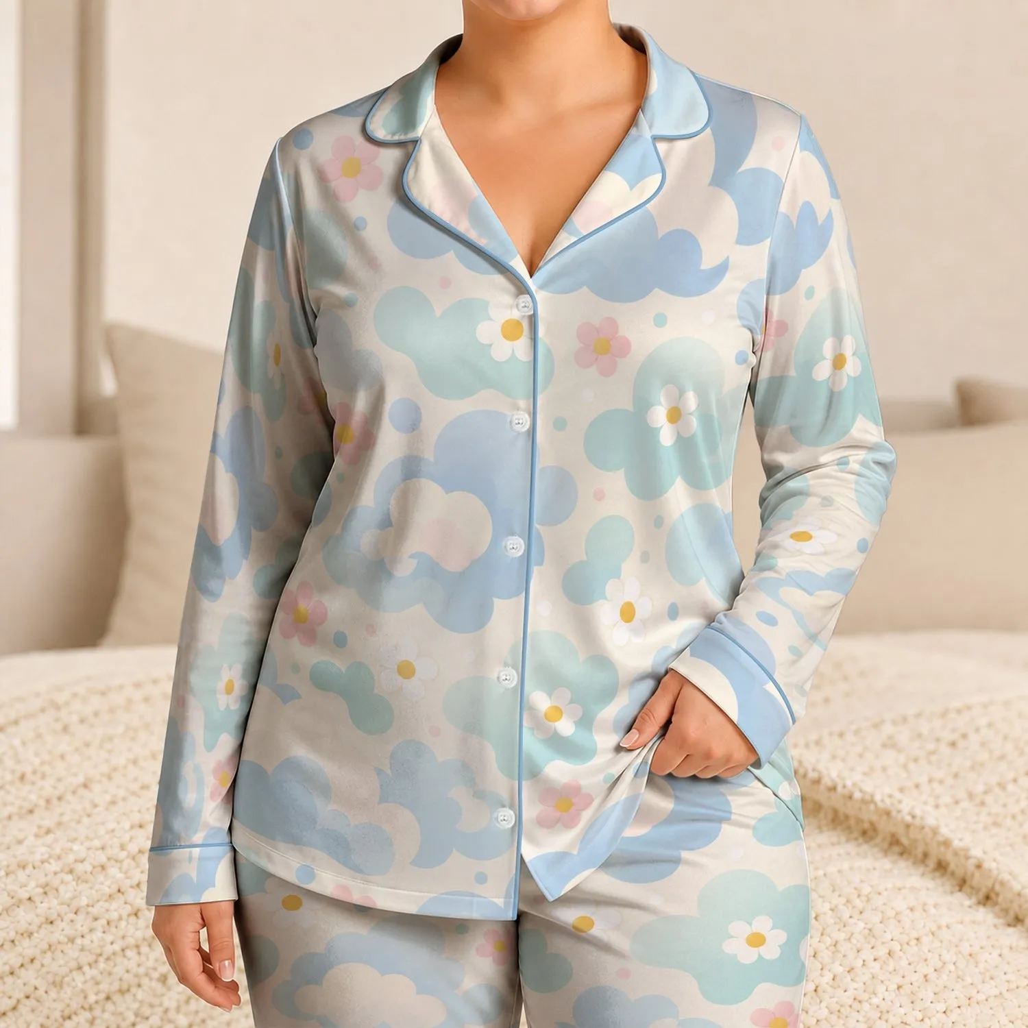 Pastel Cloud Blossoms For Cozy Lounging And Sweet Summer Nights At Home For Women Satin Pajamas Set - 1