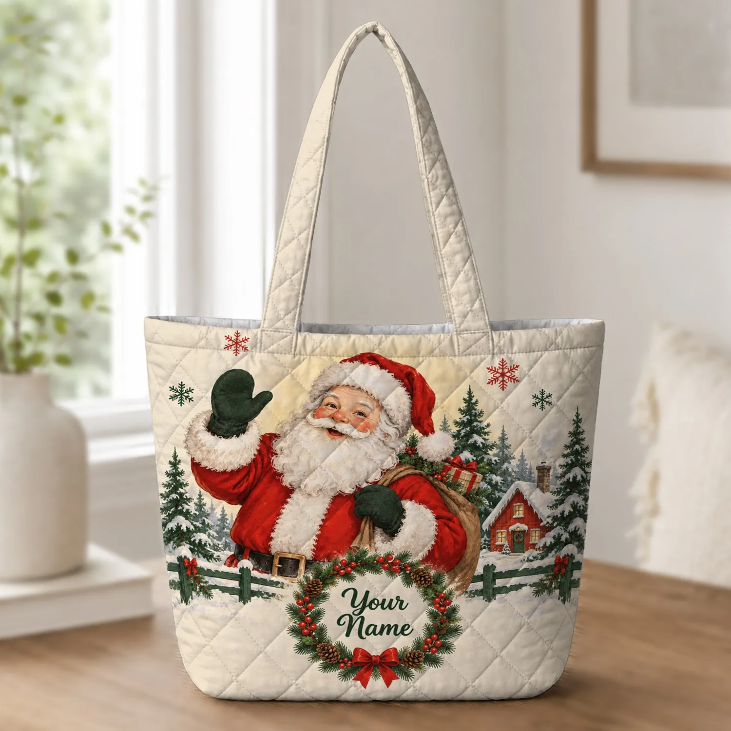 Santa Claus Christmas Snowflake Scene for Festive Holiday Gifting and Winter Cheer Quilted Tote Bag - 1