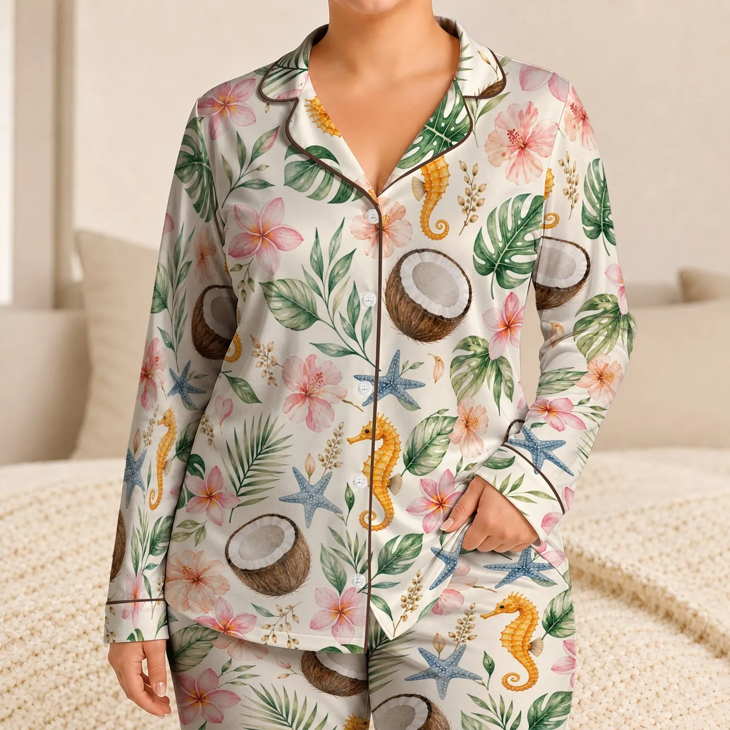 Tropical Seahorse Coconut Watercolor Resort Style for Beach Getaways and Summer Gifts Satin Pajamas Set - 1