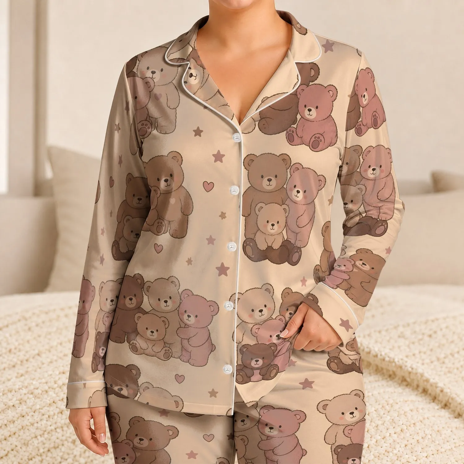 Morandi Teddy Bear Lounge Style For Cozy Nights At Home, Women Apricot Beige Charm Satin Pajamas Set - 1