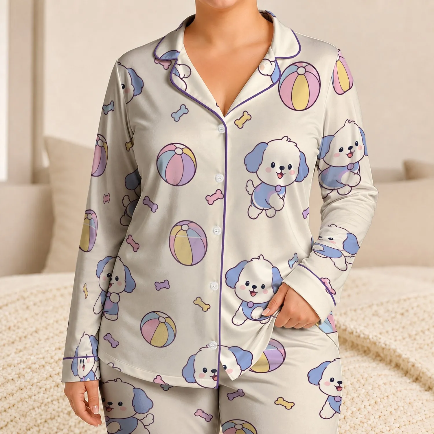 Cute Puppy And Beach Ball Sleepwear For Cozy Nights, Gifts, And Playful Lounging At Home Satin Pajamas Set - 1