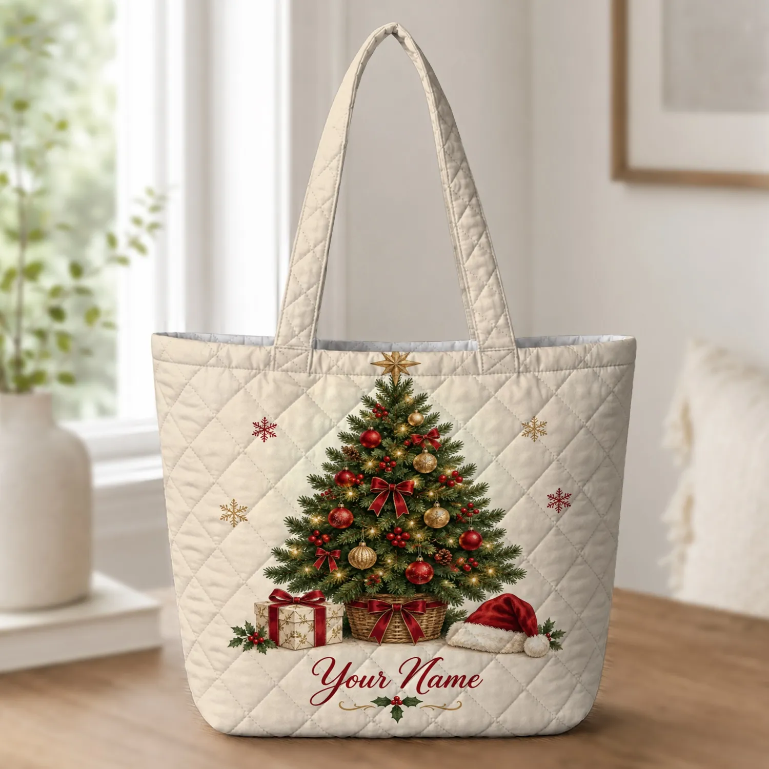Evergreen Christmas Tree And Gift Holiday Cheer For Festive Winter Celebrations Quilted Tote Bag - 1
