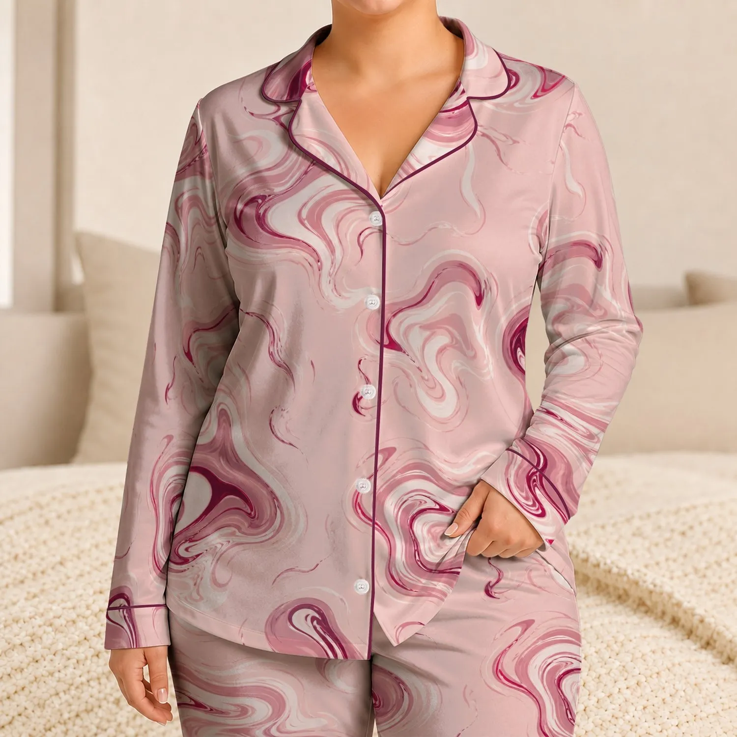 Blush Marble Swirl for Cozy Nights, Gifts, and Elegant Lounging At Home For Women Satin Pajamas Set - 1