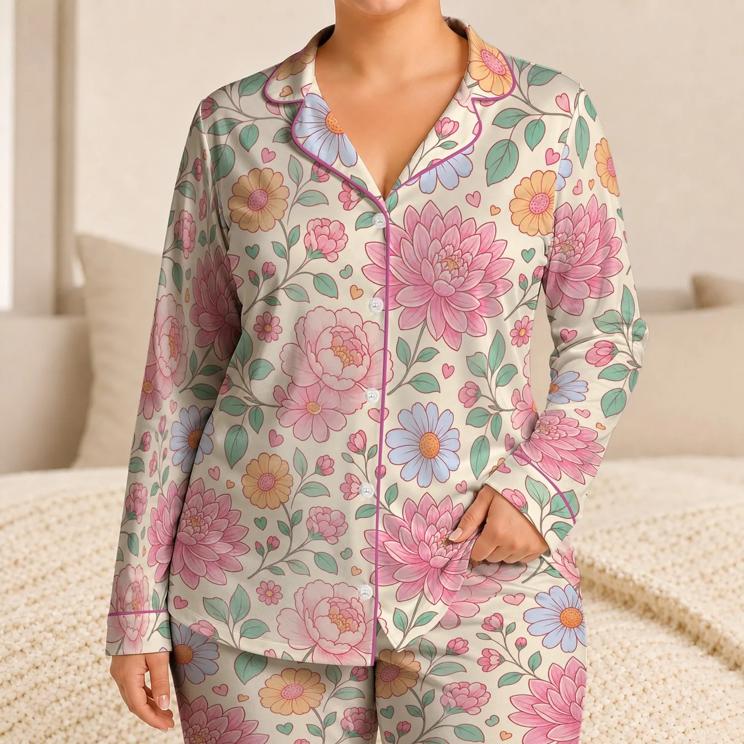 Pastel Floral Heart Homewear For Cozy Nights, Vacations, And Gift Giving For Women Satin Pajamas Set - 1