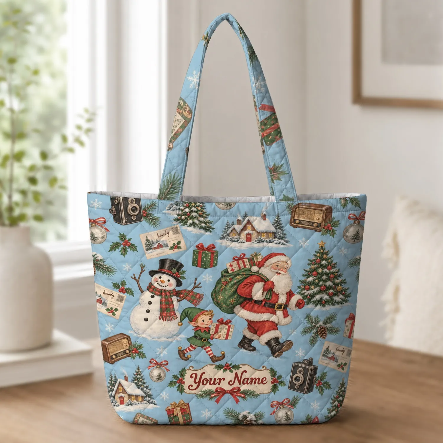Vintage Christmas Collage for Retro Holiday Cheer and Winter Gift Giving Quilted Tote Bag - 1