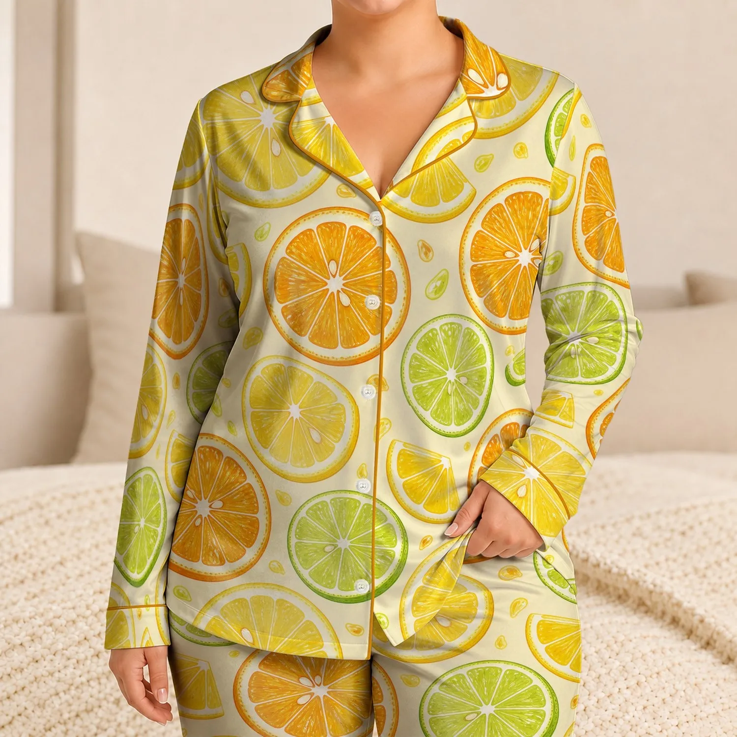 Citrus Slice Scatter for Summer Getaways, Resort Days, and Relaxed Lounging for Women Satin Pajamas Set - 1