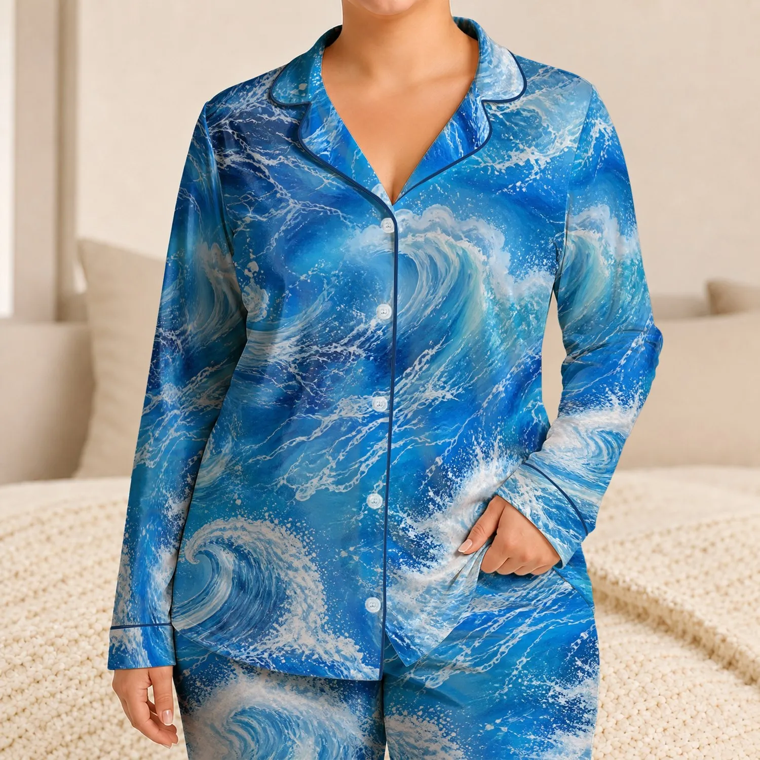 Cerulean Wave Motif for Coastal Evenings, Resort Getaways, and Relaxed Gift Giving Satin Pajamas Set - 1