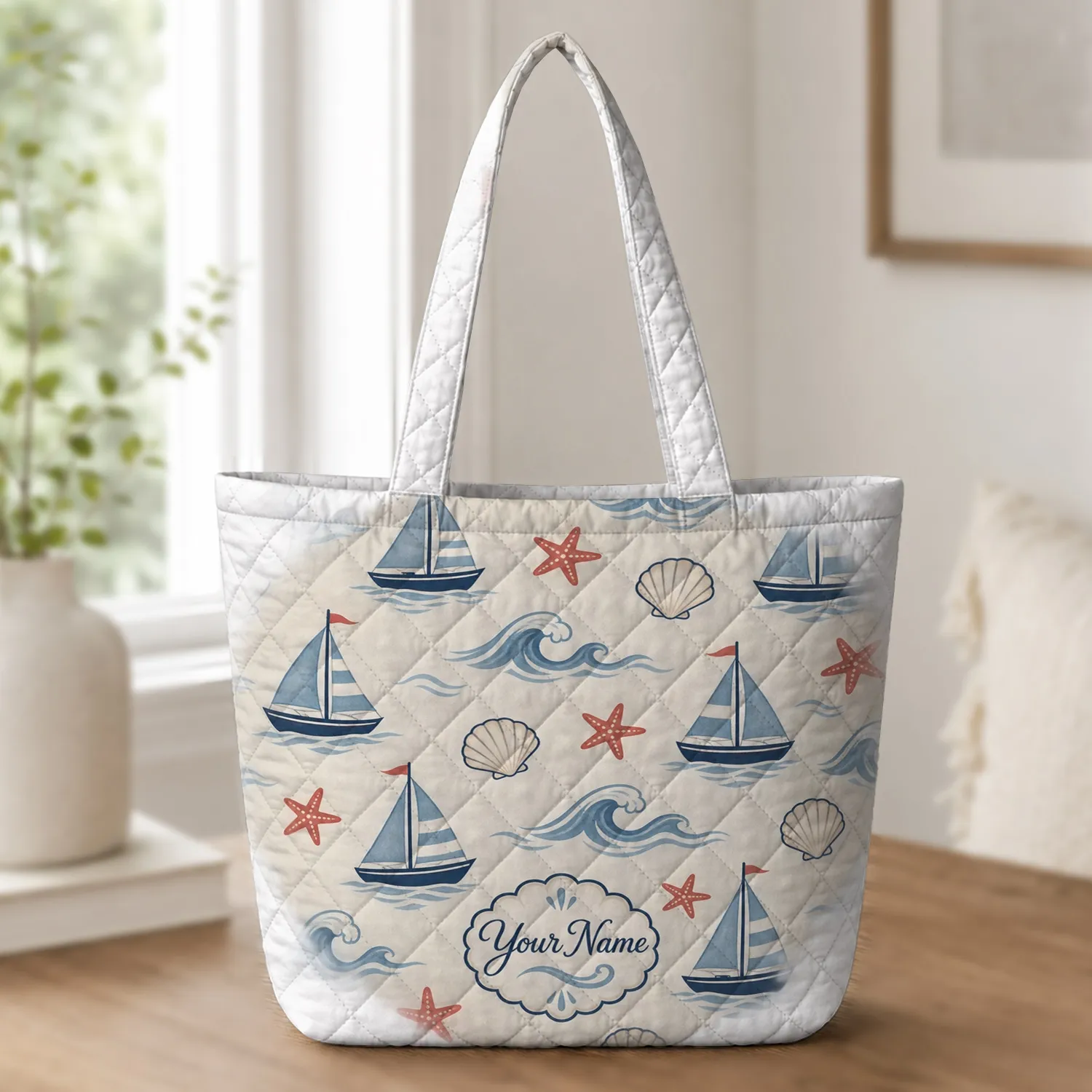 Sailboat Seashell Starfish Coastal Motif for Summer Beach Days and Seaside Getaways Quilted Tote Bag - 1