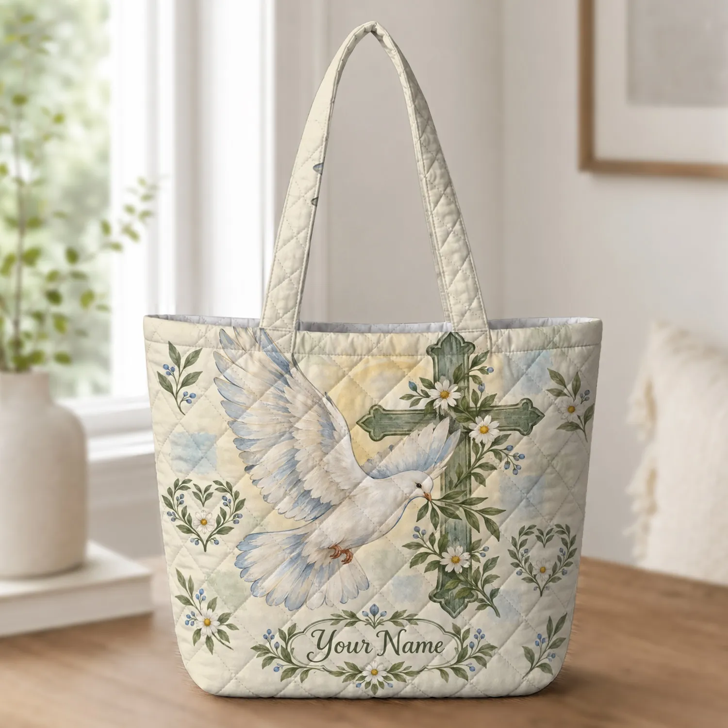 Christian Dove And Floral Cross Faith Gift For Her, Peaceful Everyday Inspiration Quilted Tote Bag - 1