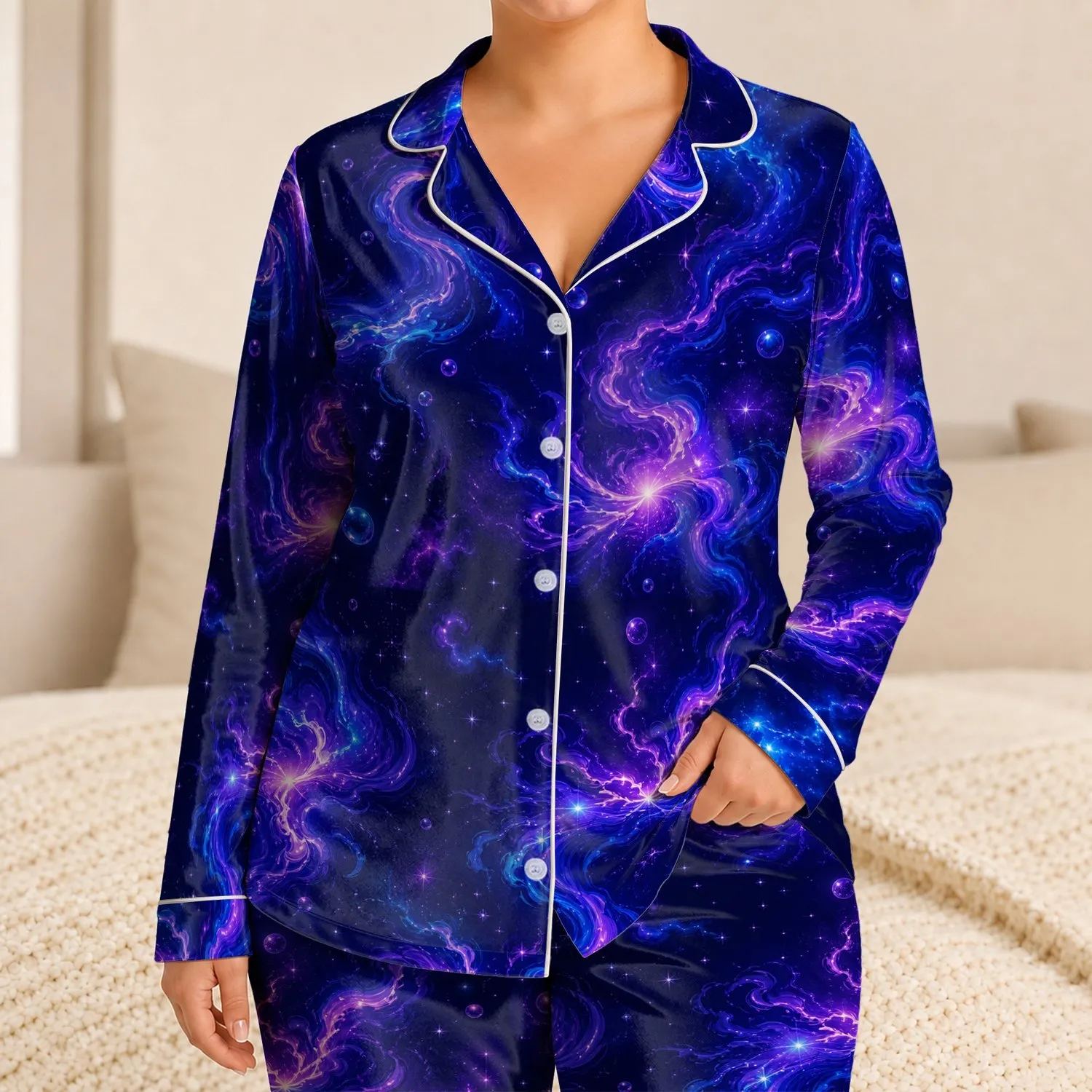 Midnight Indigo Aurora Ribbons For Summer Lounge Nights And Vacation Wear At Home Satin Pajamas Set - 1