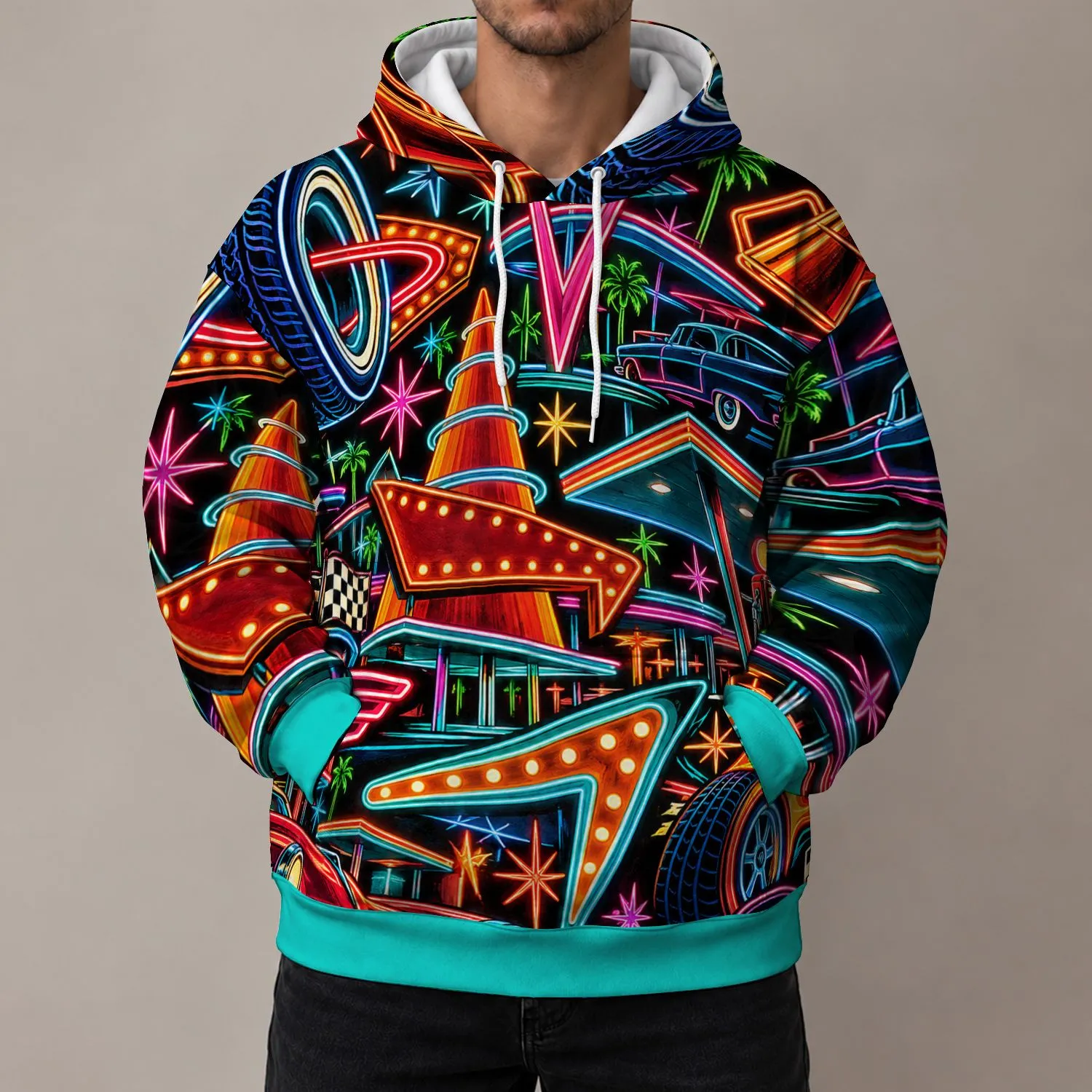 Neon Roadside Auto Sign Collage for Road Trips, Retro Americana Fans and Night Drives All-over Print Hoodie (Lightweight) - 1