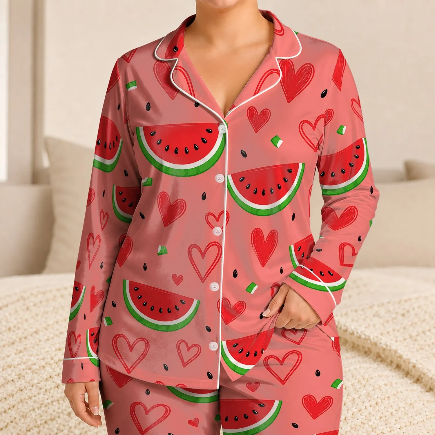 Watermelon Hearts Coral Pink Cozy Summer Sleepovers, Gifts for Women and Teens Year Round Satin Pajamas Set - 1