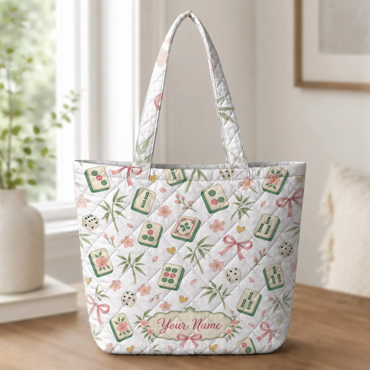 Pastel Mahjong Tiles And Bamboo Motifs For Cheerful Game Night Gatherings With Friends Quilted Tote Bag - 1
