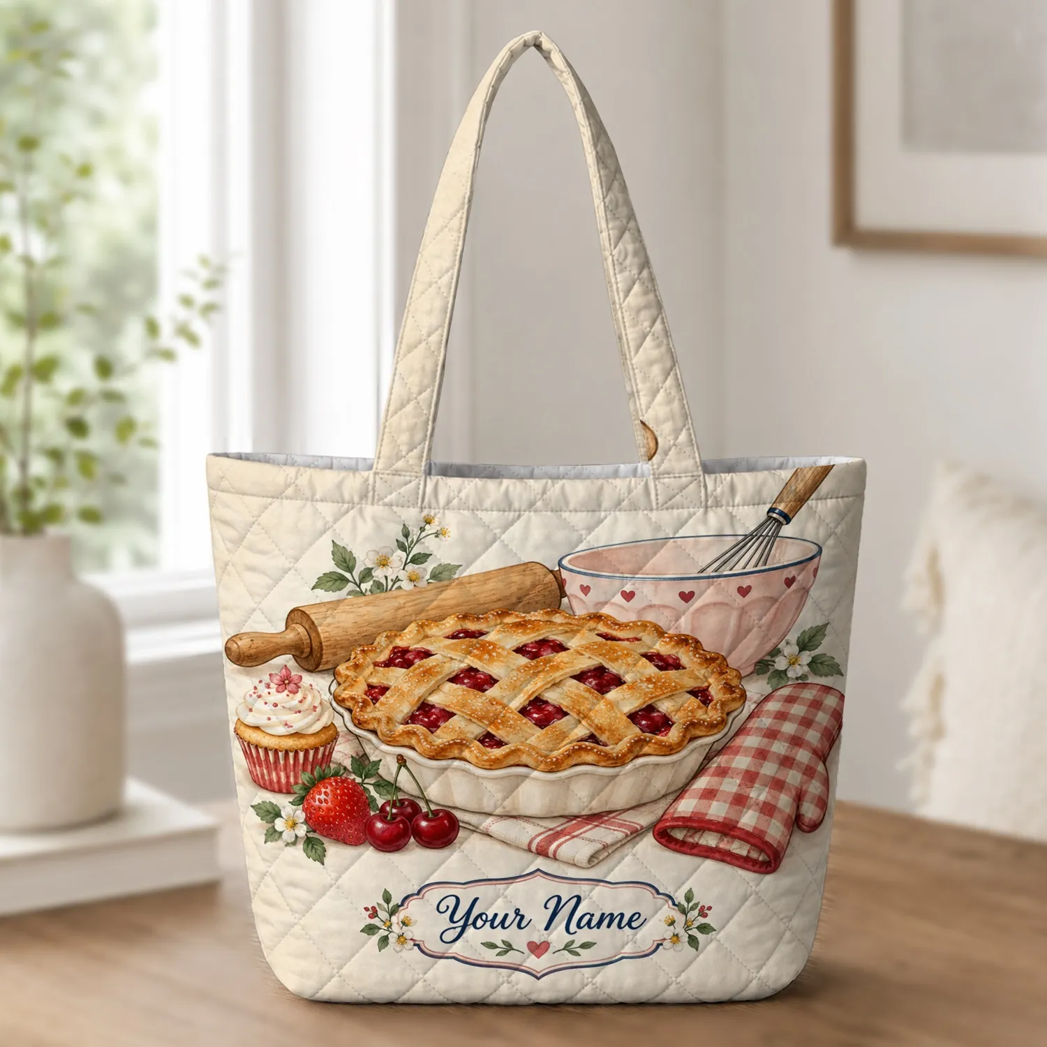 Cupcake, Pie & Strawberry Baker Keepsake for Cozy Home Baking Gifts for Her Quilted Tote Bag - 1