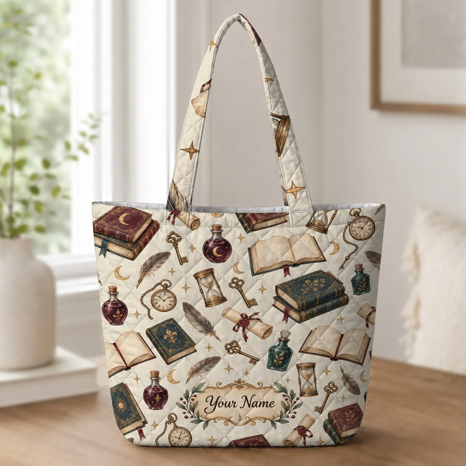 Dark Academia Books, Potions and Quills for Cozy Reading Days and Thoughtful Book Lovers Quilted Tote Bag - 1