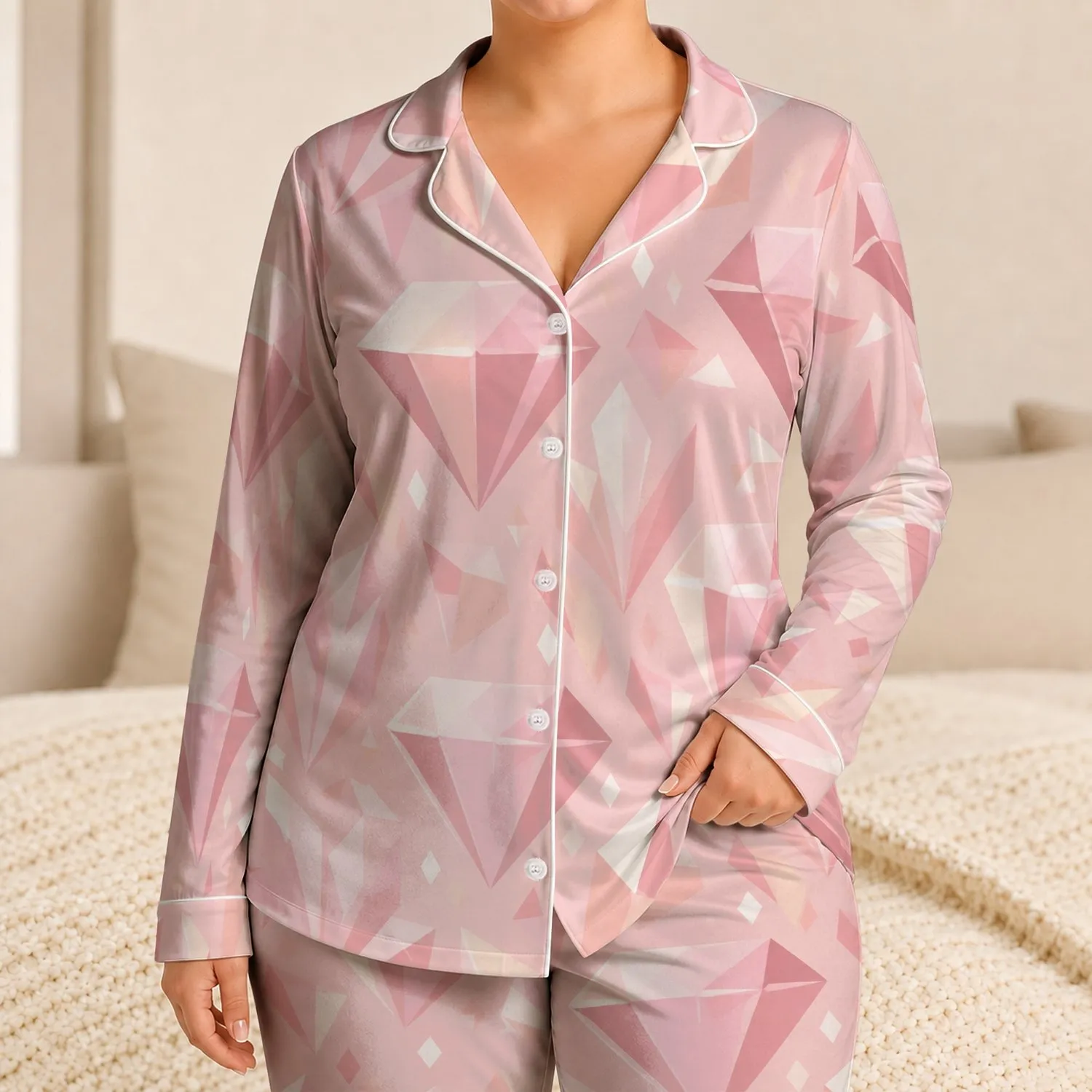 Blush Pink Faceted Crystal Motif For Cozy Bedroom Lounging, Gift For Women And Teens Satin Pajamas Set - 1
