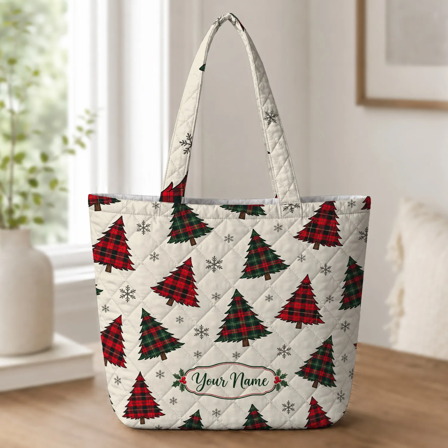 Red Green Plaid Christmas Trees and Snowflakes for Cozy Winter Holiday Gift Giving Quilted Tote Bag - 1