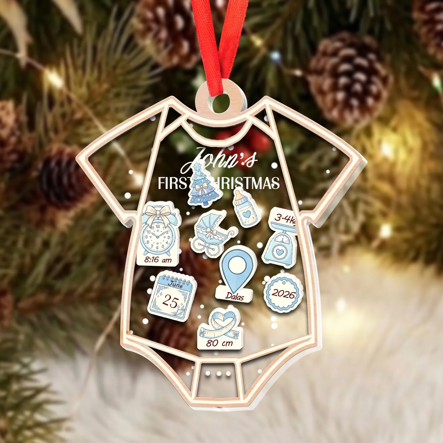Personalized Baby's First Christmas Ornament – Custom Birth Announcement Onesie Shaker Keepsake - 1