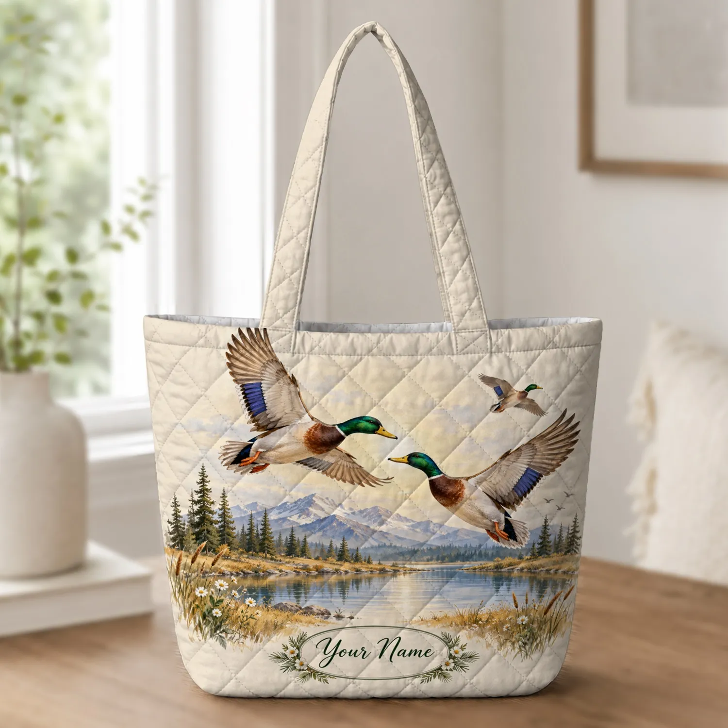 Mallard Ducks Over Alpine Lake for Nature Lovers and Woodland Bird Enthusiasts Quilted Tote Bag - 1