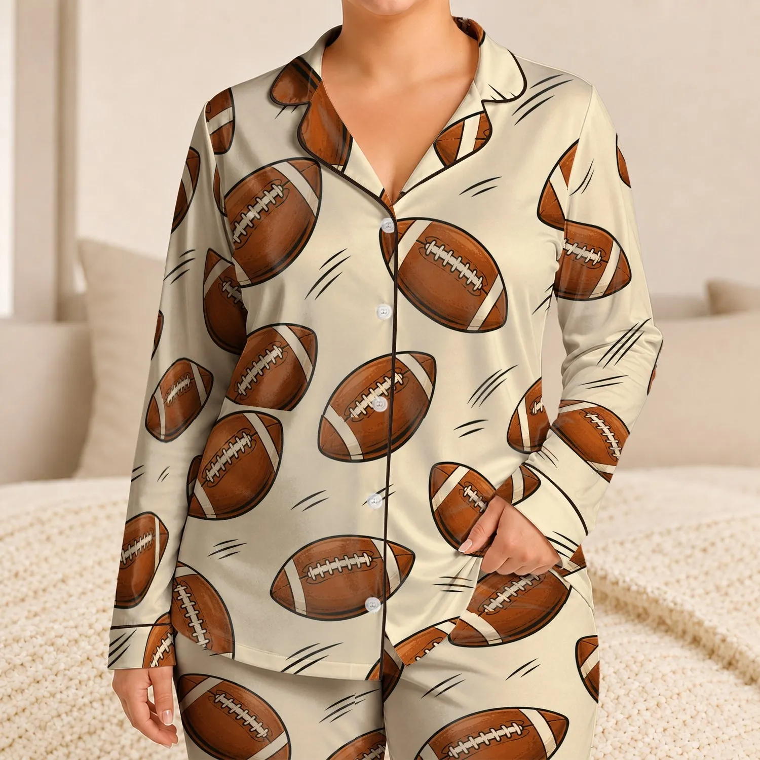 Warm Ivory Football Motif Cozy Game Day Comfort For Fans And Weekend Relaxing Nights Satin Pajamas Set - 1