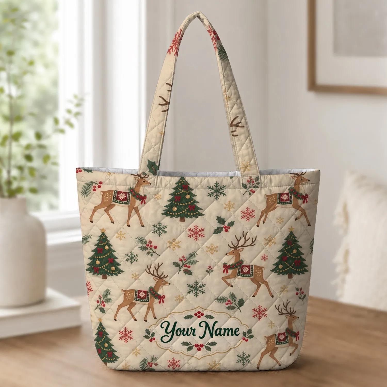 Christmas Reindeer, Evergreen Trees and Snowflakes for Cozy Holiday Celebrations Quilted Tote Bag - 1