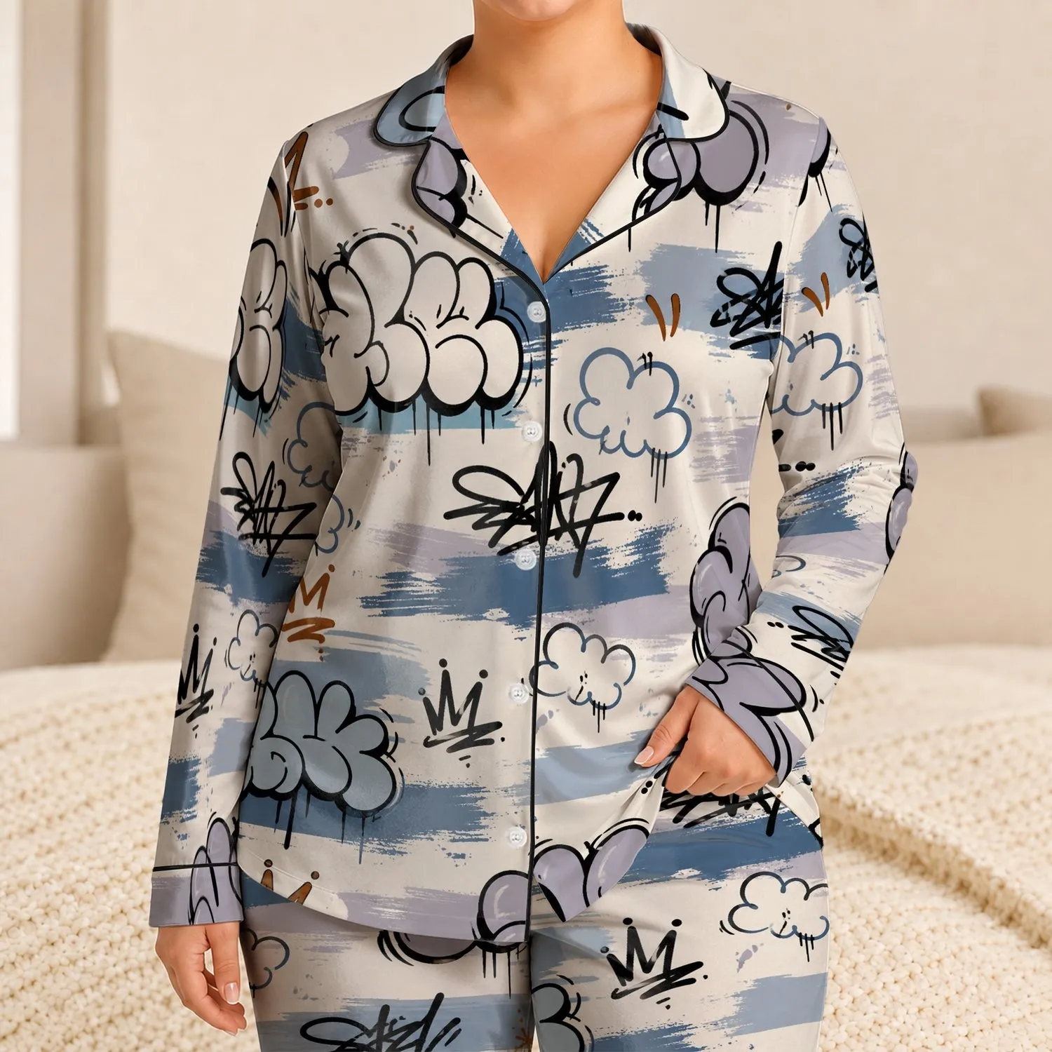 Street Graffiti Letter Lounge Wear For Cozy Nights, Weekend Relaxing, Women At Home Satin Pajamas Set - 1
