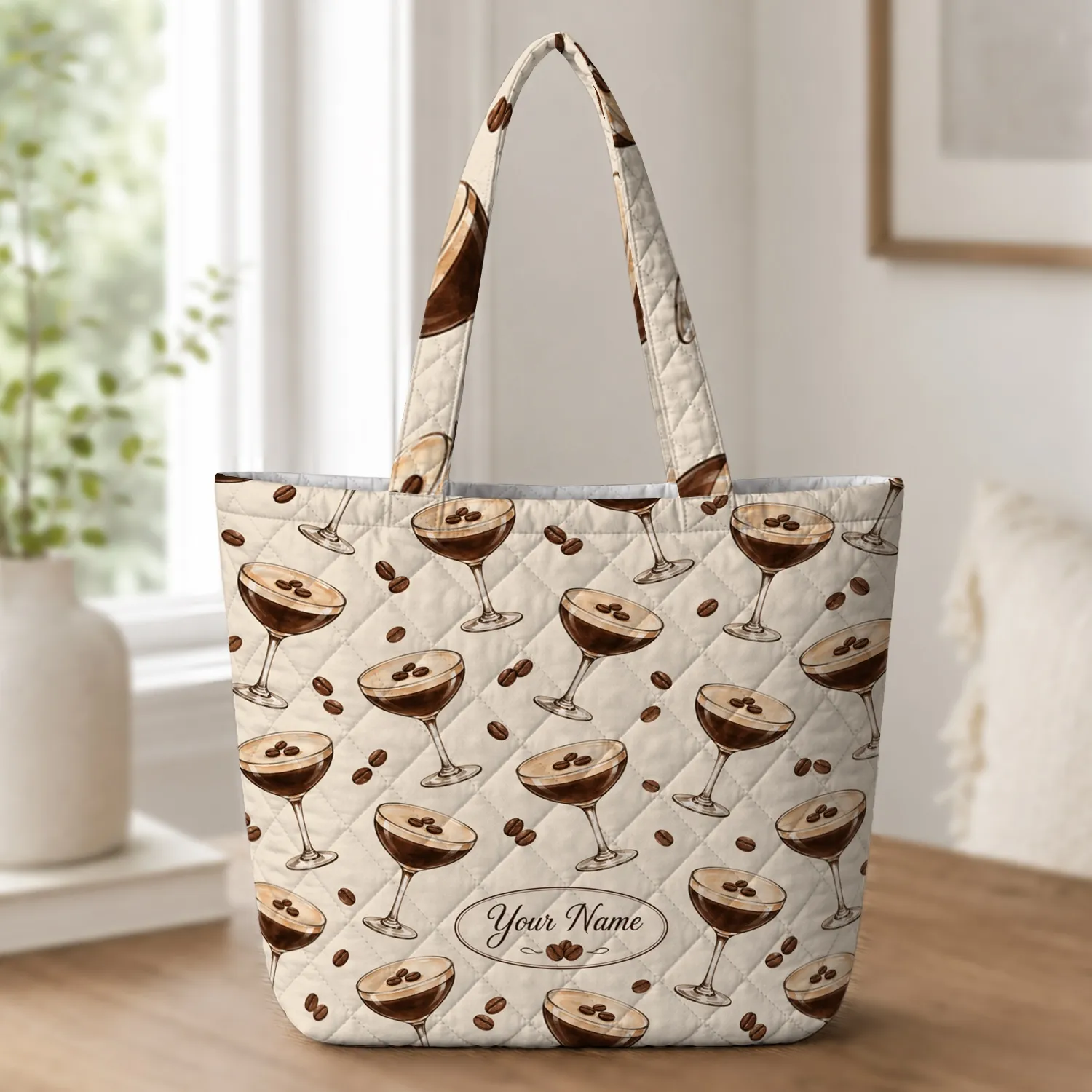 Espresso Martini Glasses And Coffee Lover Style For Brunch, Travel, And Daily Use Quilted Tote Bag - 1