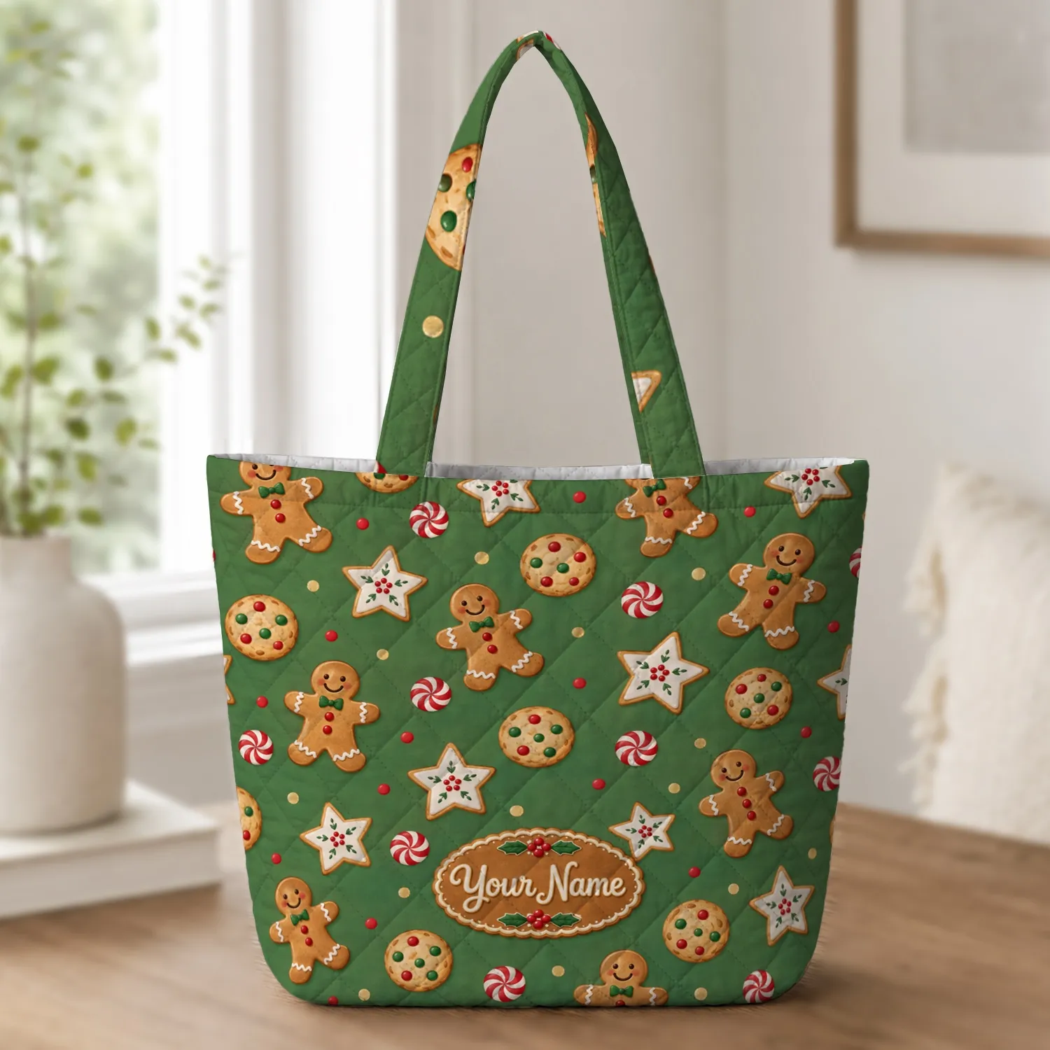 Gingerbread Men and Peppermint Cookies for Cozy Christmas Baking and Holiday Gifting Quilted Tote Bag - 1