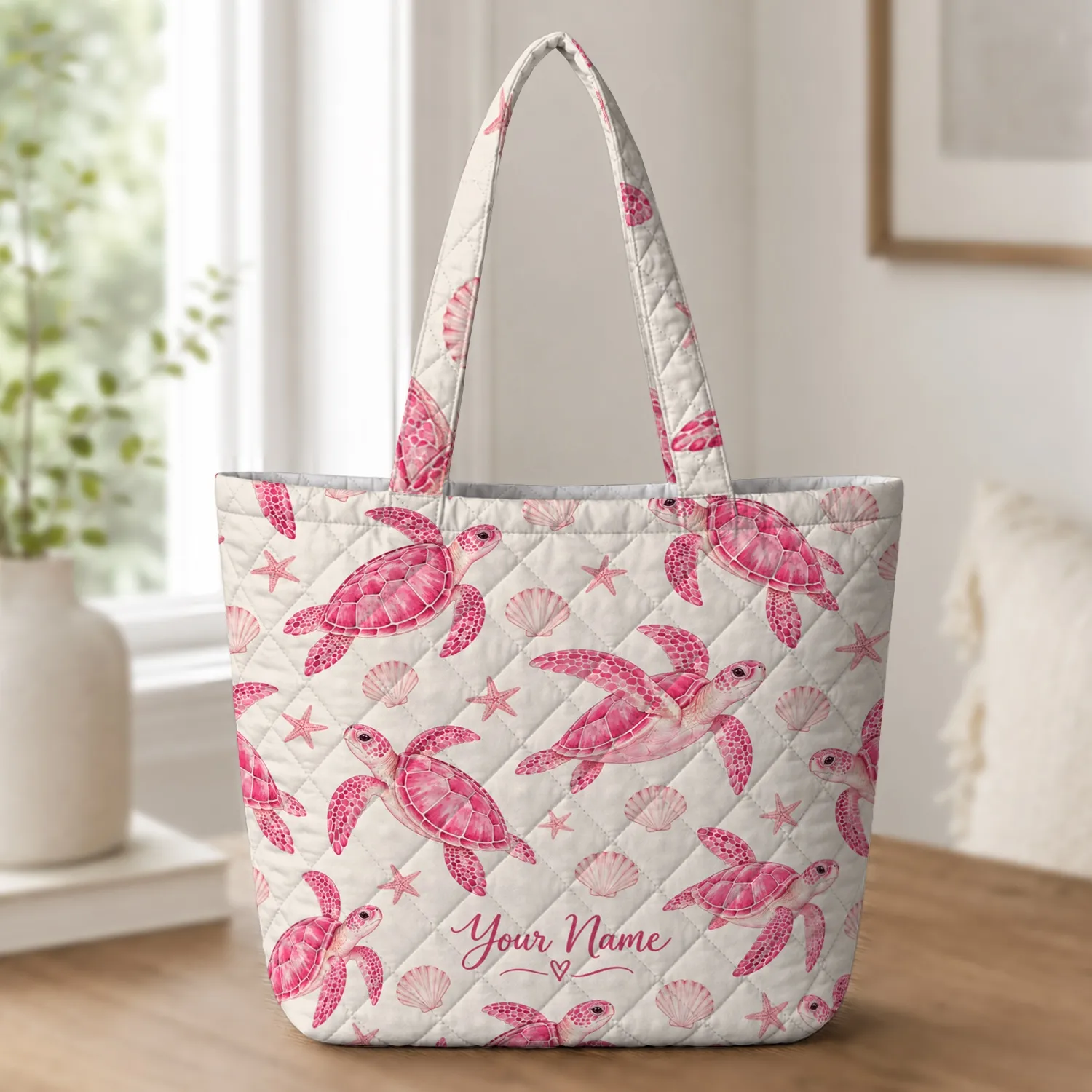 Pink Sea Turtle Coastal Ocean Motifs for Summer Beach Trips and Sea Life Lovers Gift Quilted Tote Bag - 1