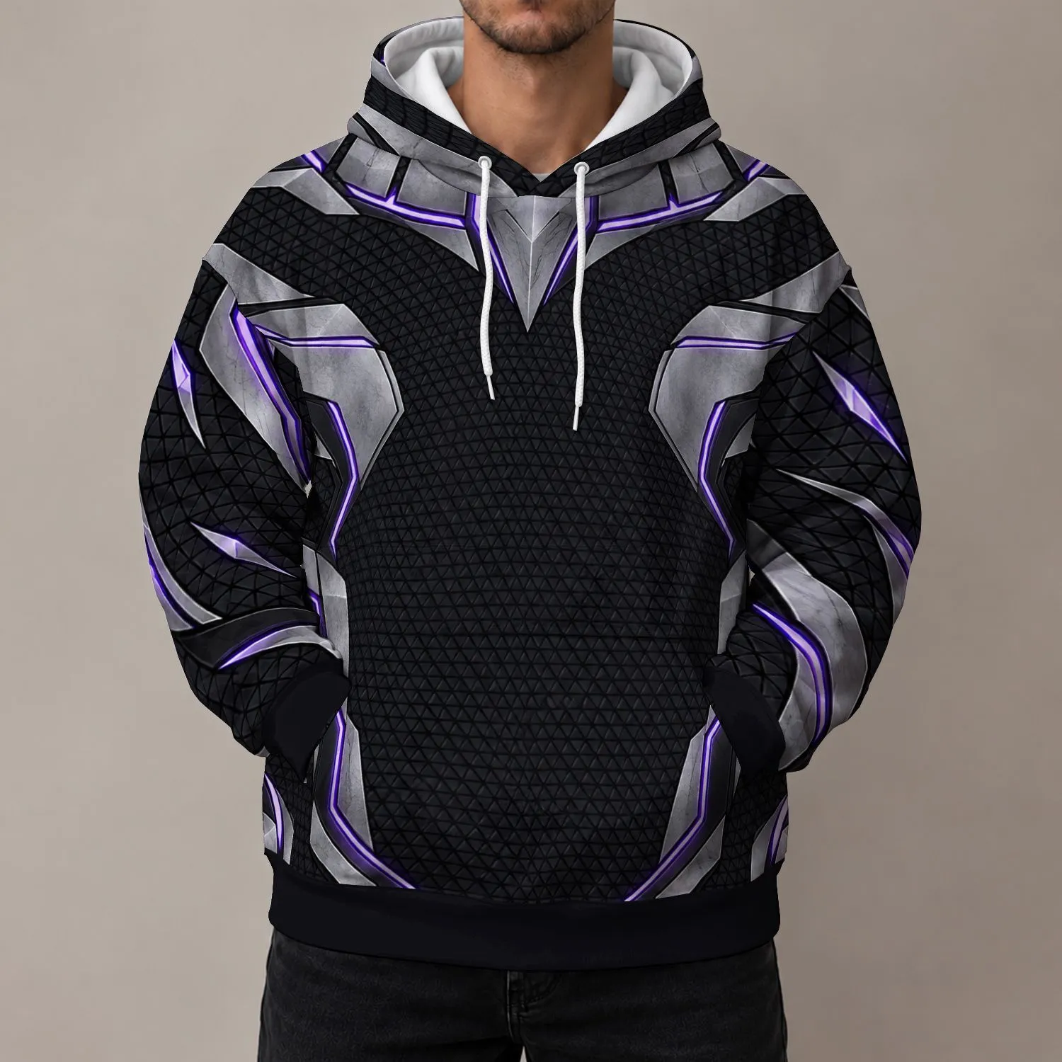 Black Geometric Armor and Violet Accents for Cosplay Events and Everyday Fandom Wear All-over Print Hoodie (Lightweight) - 1