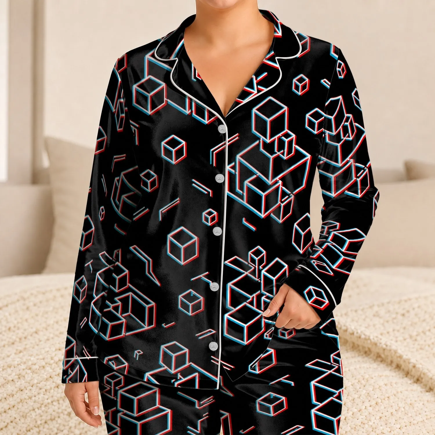 Black Geometric Cube Streetwear Lounge Style for Retro Fans and Casual Days At Home Satin Pajamas Set - 1