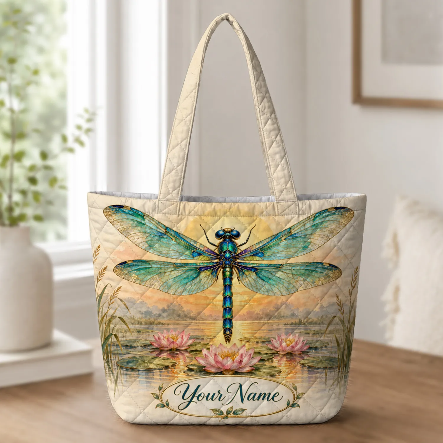 Teal Dragonfly Over Lotus Pond at Sunset for Nature Lovers and Summer Outings Quilted Tote Bag - 1