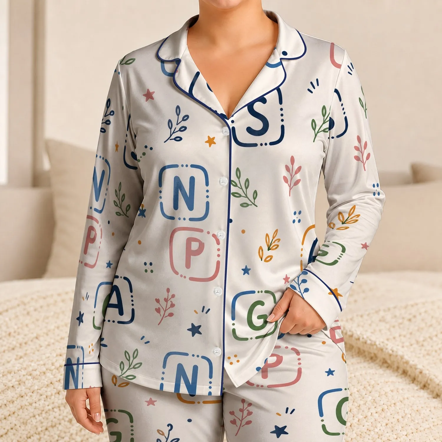 Colorful Alphabet Badge Motif for Cozy Home Nights and Weekend Lounging for Women Satin Pajamas Set - 1