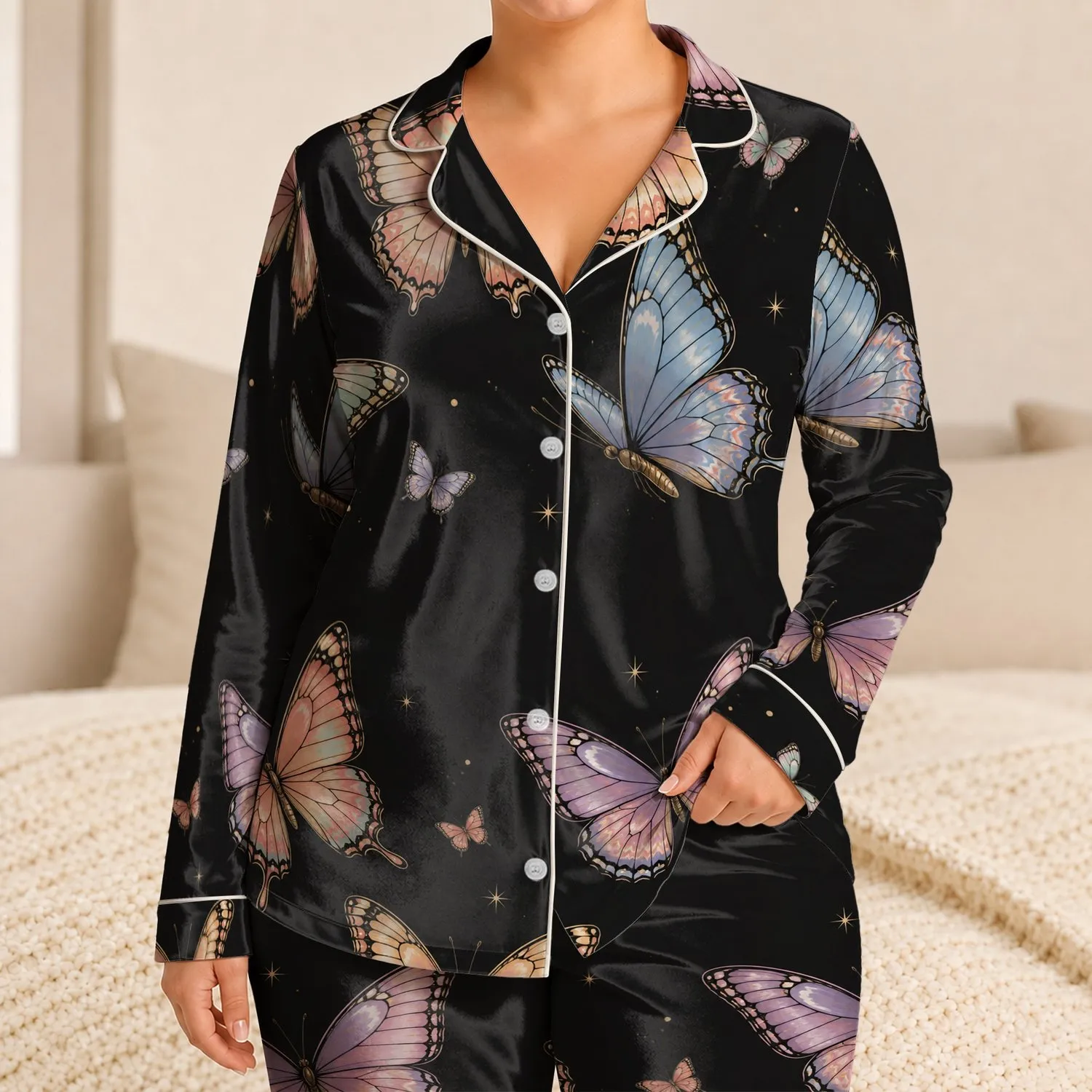 Iridescent Butterfly Set For Elegant Cozy Nights, Travel, And Gift-Giving For Women Satin Pajamas Set - 1