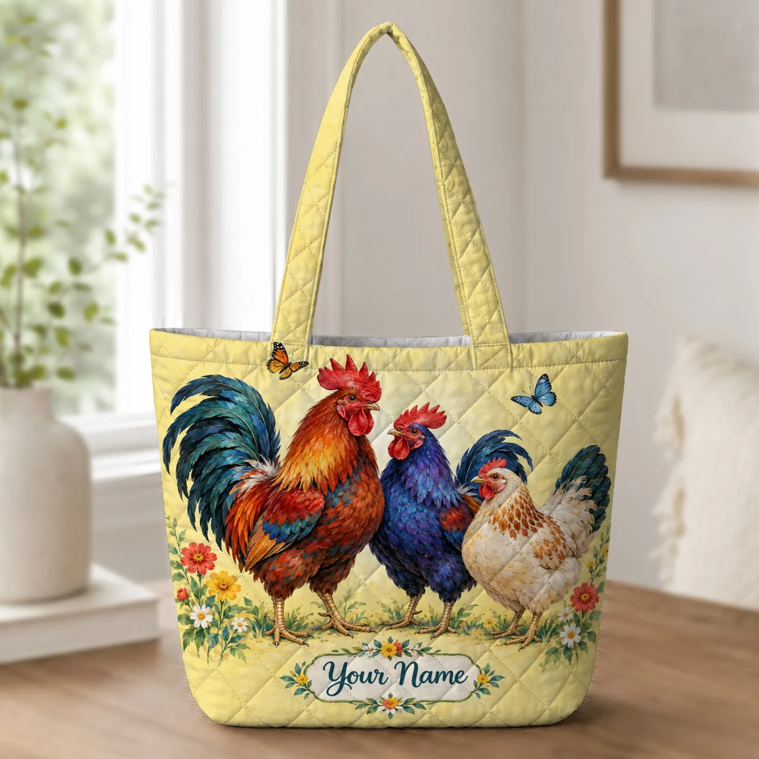 Colorful Rooster Family Garden Scene for Farmhouse Living and Chicken Lover Gifts Quilted Tote Bag - 1