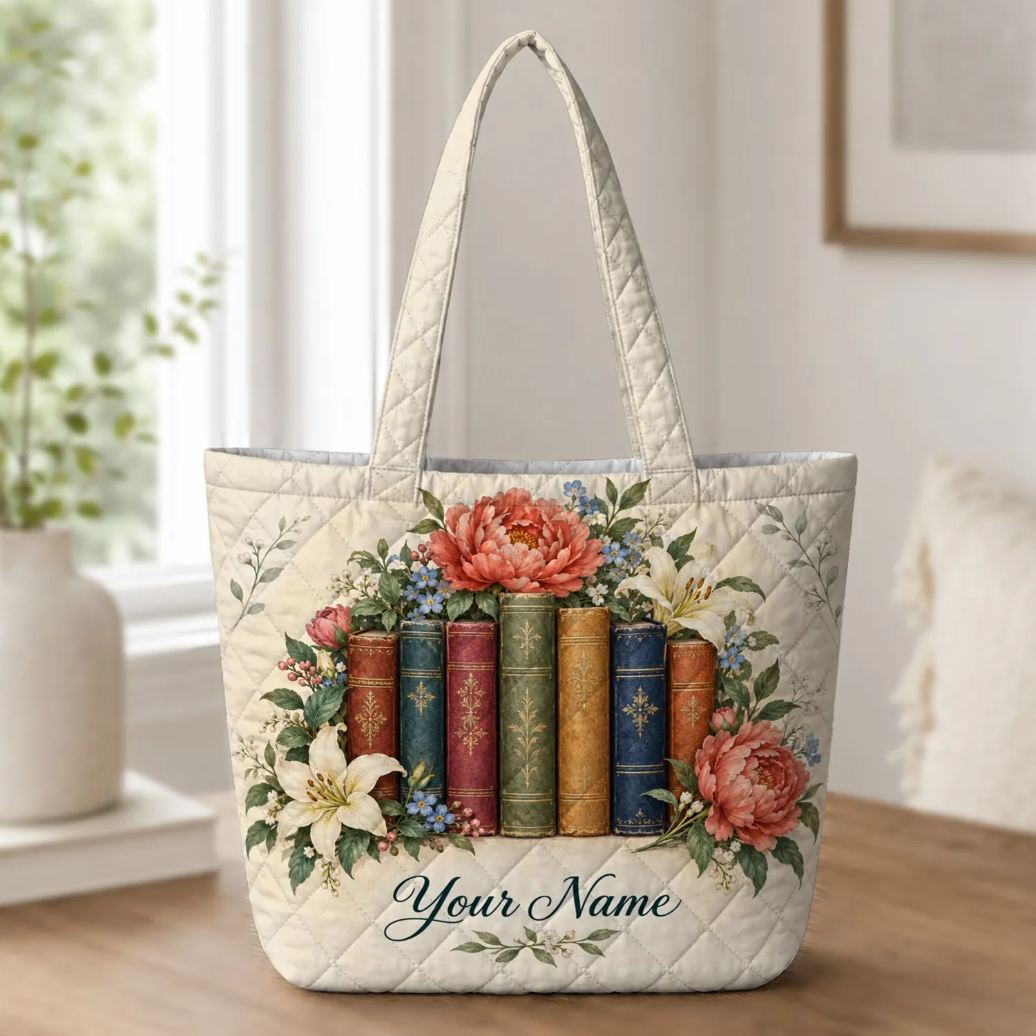 Vintage Floral Books and Garden Blooms for Library Days and Reader Gifts for Her Quilted Tote Bag - 1